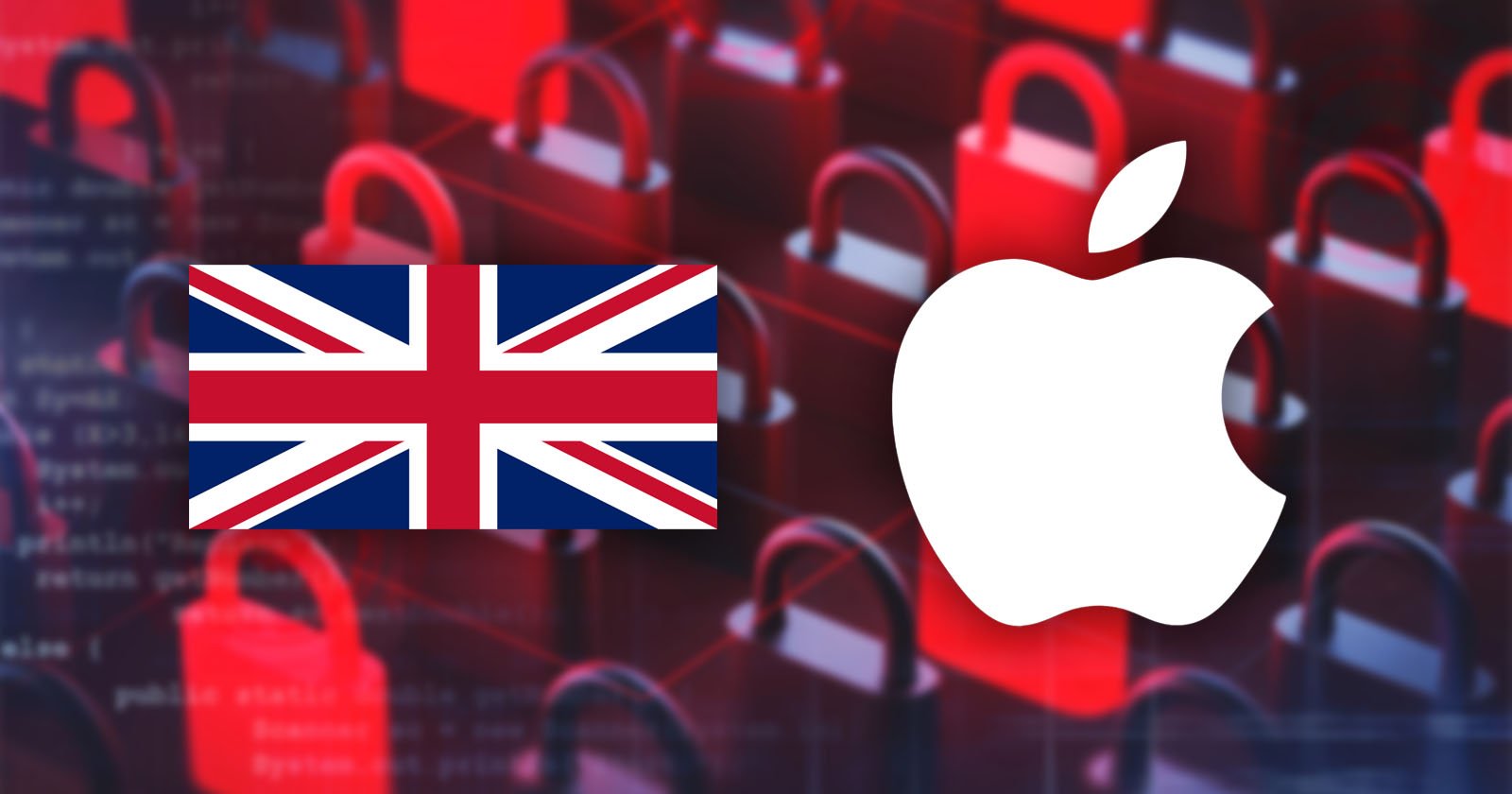 The image features the UK flag and the Apple logo against a background of red padlocks, symbolizing data security or digital communication. The image features the UK flag and the Apple logo against a background of red padlocks, symbolizing data security or digital communication.