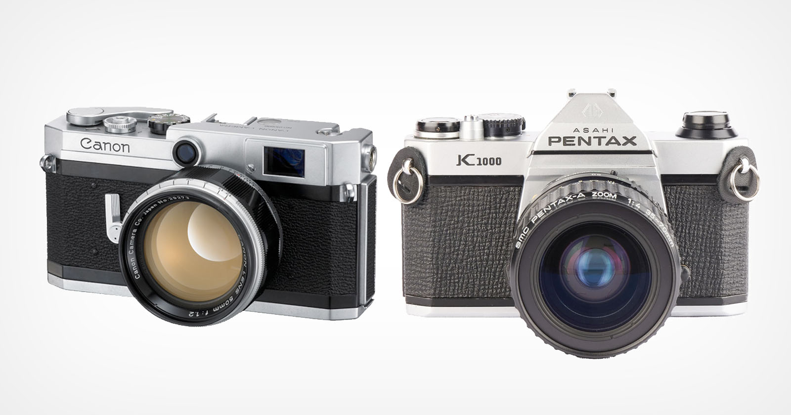 Two vintage cameras are side by side. The left one is a Canon rangefinder with a sleek metal body and black texture. The right one is a Pentax K1000 SLR with a similar design. Both have prominent lenses and classic styling. Two vintage cameras are side by side. The left one is a Canon rangefinder with a sleek metal body and black texture. The right one is a Pentax K1000 SLR with a similar design. Both have prominent lenses and classic styling.