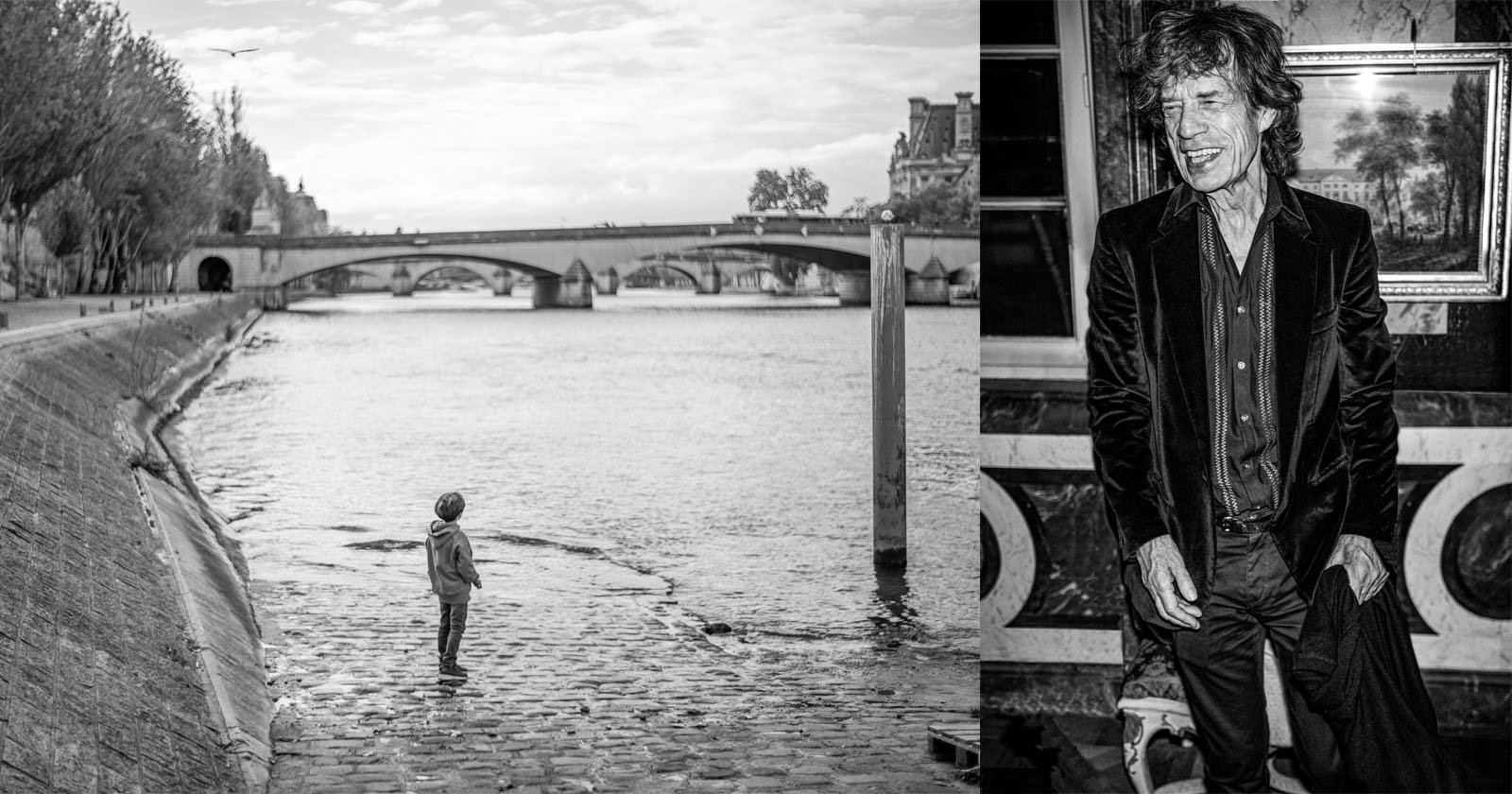 A black-and-white split image: on the left, a child stands by the river with a bridge in the background; on the right, an older man in a suit stands indoors, laughing. A black-and-white split image: on the left, a child stands by the river with a bridge in the background; on the right, an older man in a suit stands indoors, laughing.