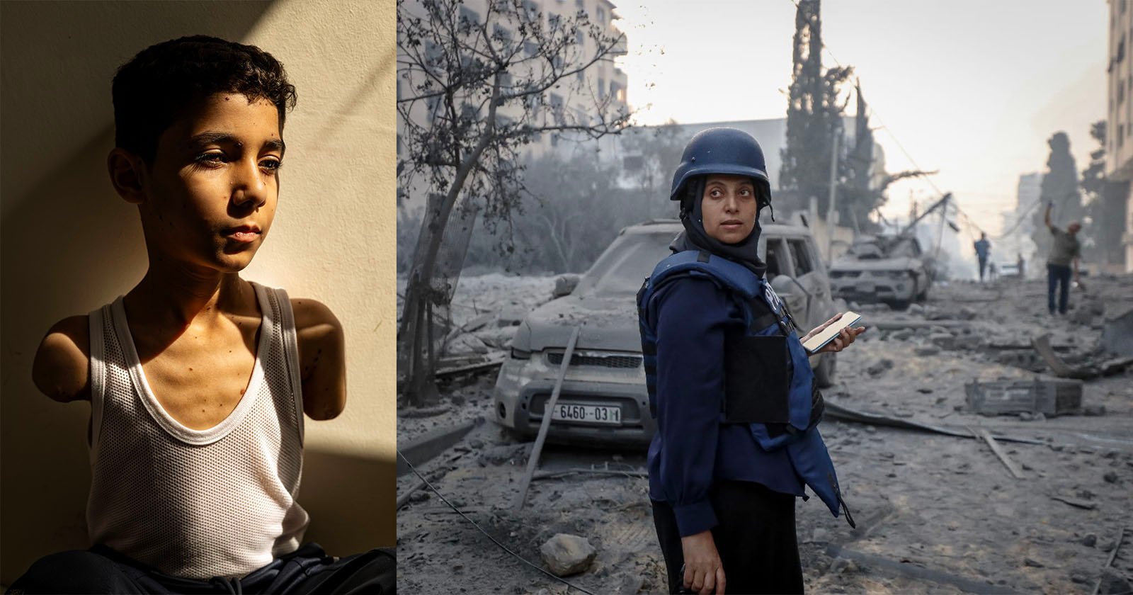 A boy with amputated arms sits in shadow on the left; on the right, a journalist in a helmet and vest stands amid rubble and destroyed cars in a war-torn urban area. A boy with amputated arms sits in shadow on the left; on the right, a journalist in a helmet and vest stands amid rubble and destroyed cars in a war-torn urban area.
