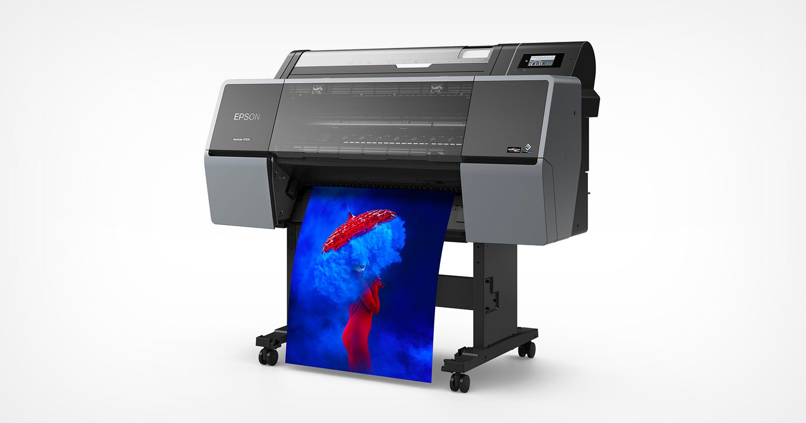 A large Epson printer prints a vibrant, high-resolution image of a person in red holding a red umbrella, surrounded by blue smoke against a blue background. A large Epson printer prints a vibrant, high-resolution image of a person in red holding a red umbrella, surrounded by blue smoke against a blue background.