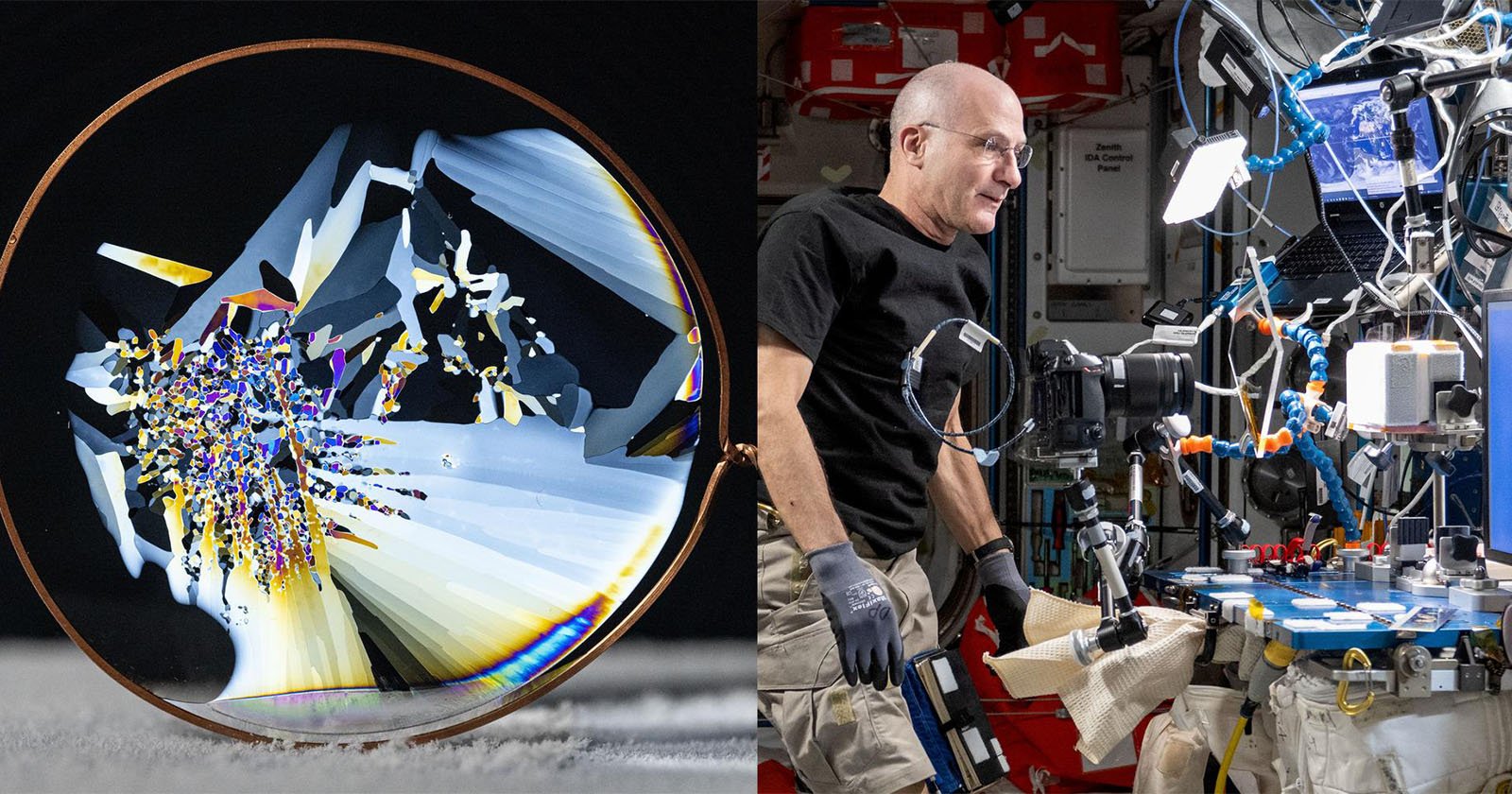 A split image: on the left, a close-up of a colorful crystal formation viewed through a magnifying lens; on the right, a person works with scientific equipment in a laboratory filled with tools and devices. A split image: on the left, a close-up of a colorful crystal formation viewed through a magnifying lens; on the right, a person works with scientific equipment in a laboratory filled with tools and devices.