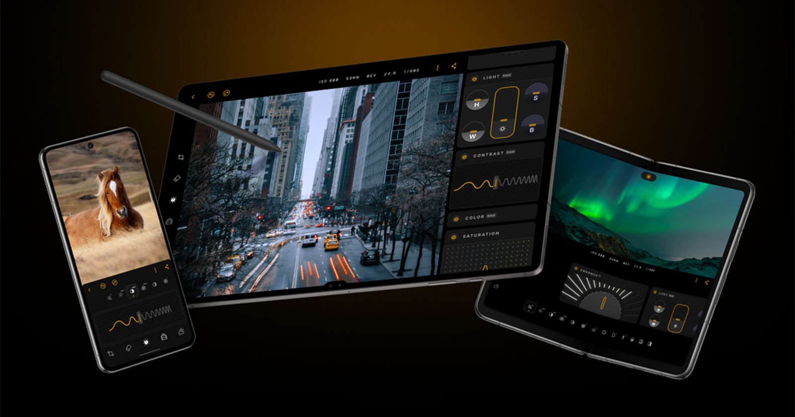 Three mobile devices display photo editing apps: a smartphone with a horse photo, a tablet with a city street image and editing controls, and a foldable phone showing a landscape with aurora borealis and editing tools. Three mobile devices display photo editing apps: a smartphone with a horse photo, a tablet with a city street image and editing controls, and a foldable phone showing a landscape with aurora borealis and editing tools.