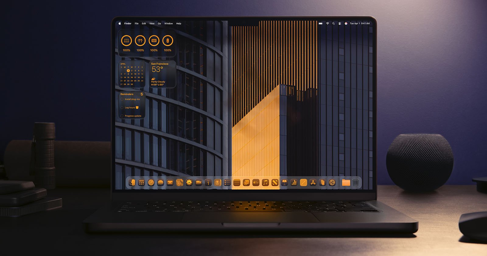 A laptop on a dark desk displays a desktop with orange and black geometric wallpaper, orange-themed icons, and widgets showing system stats and weather. The background includes modern building structures. A laptop on a dark desk displays a desktop with orange and black geometric wallpaper, orange-themed icons, and widgets showing system stats and weather. The background includes modern building structures.