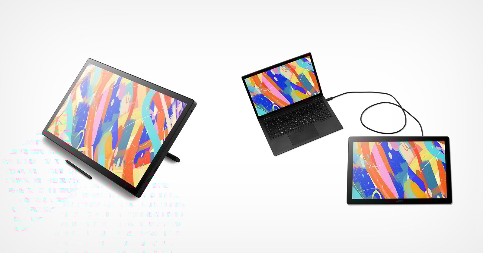 A digital drawing tablet with a stylus is shown on the left, while on the right, a laptop is connected to a similar tablet displaying the same colorful abstract design on both screens. A digital drawing tablet with a stylus is shown on the left, while on the right, a laptop is connected to a similar tablet displaying the same colorful abstract design on both screens.