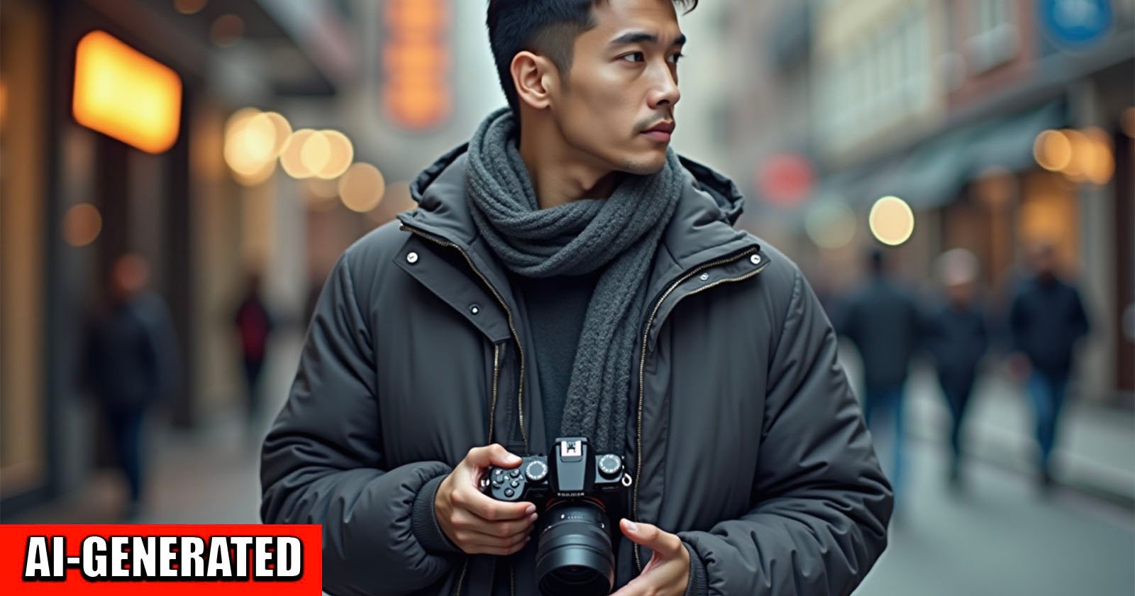A man wearing a dark jacket and scarf holds a camera while standing on a city street. The background is blurred with lights and people. A red AI-GENERATED label appears in the bottom left corner. A man wearing a dark jacket and scarf holds a camera while standing on a city street. The background is blurred with lights and people. A red AI-GENERATED label appears in the bottom left corner.