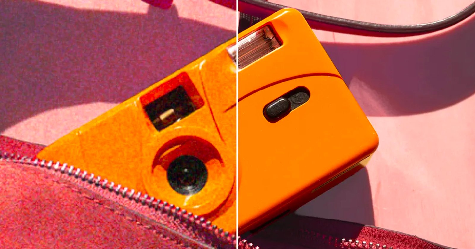 A bright orange camera, half shown in a close-up, peeks out from an unzipped red bag. The image is split vertically, with the left side appearing more textured and saturated than the right. A bright orange camera, half shown in a close-up, peeks out from an unzipped red bag. The image is split vertically, with the left side appearing more textured and saturated than the right.