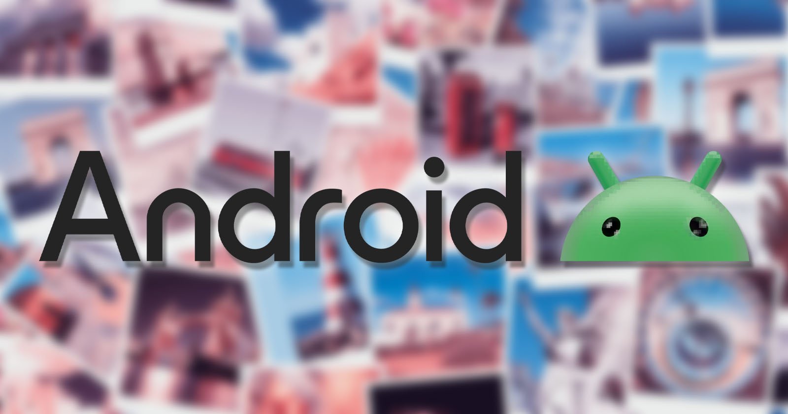 The word Android in black letters with a green Android robot head on a background of blurred, colorful photographs. The word Android in black letters with a green Android robot head on a background of blurred, colorful photographs.