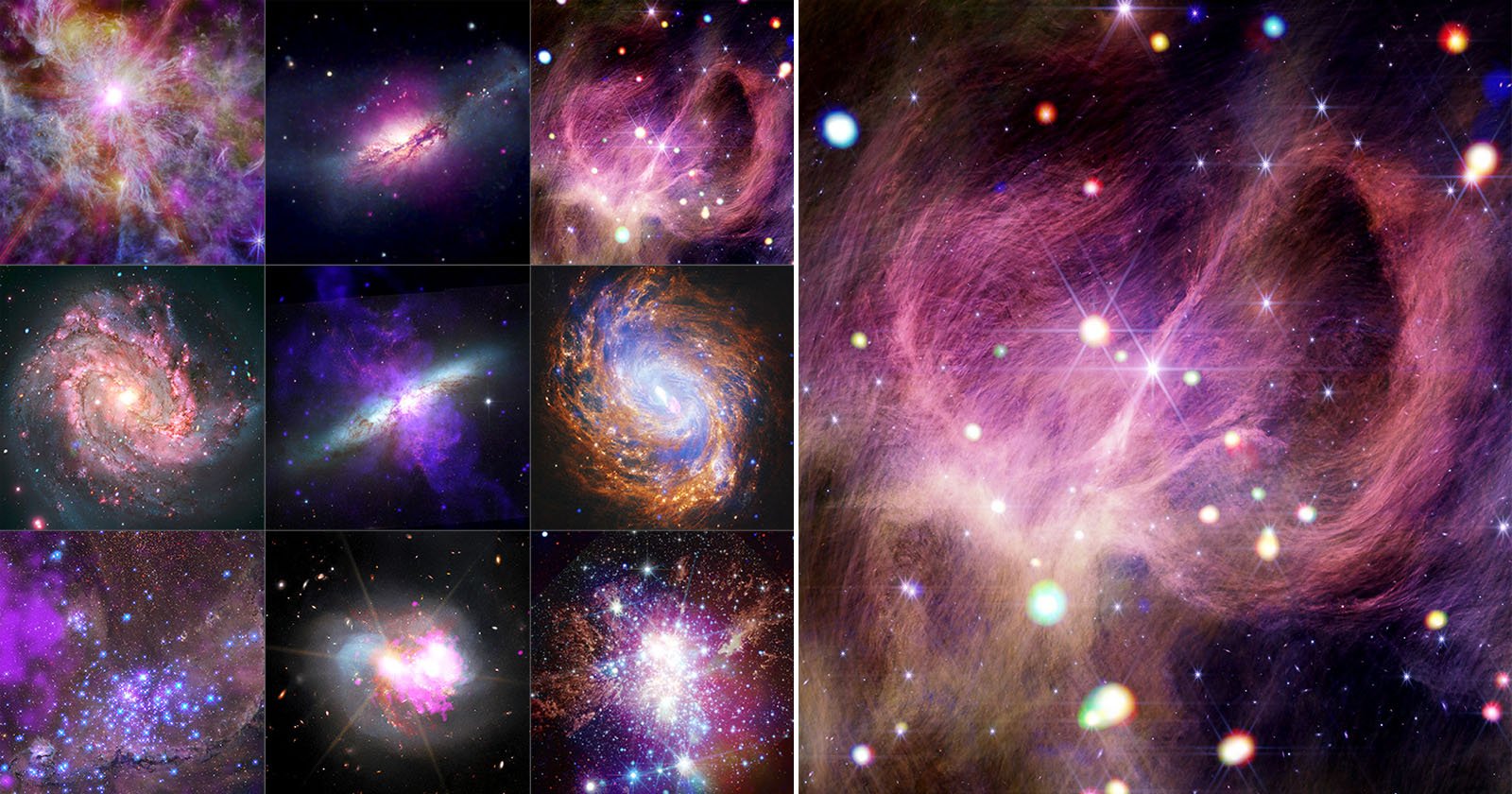 A collage of bright, colorful images of galaxies, nebulae, and star clusters in space, featuring swirls of purple, pink, blue, orange, and white light against a dark background. A collage of bright, colorful images of galaxies, nebulae, and star clusters in space, featuring swirls of purple, pink, blue, orange, and white light against a dark background.