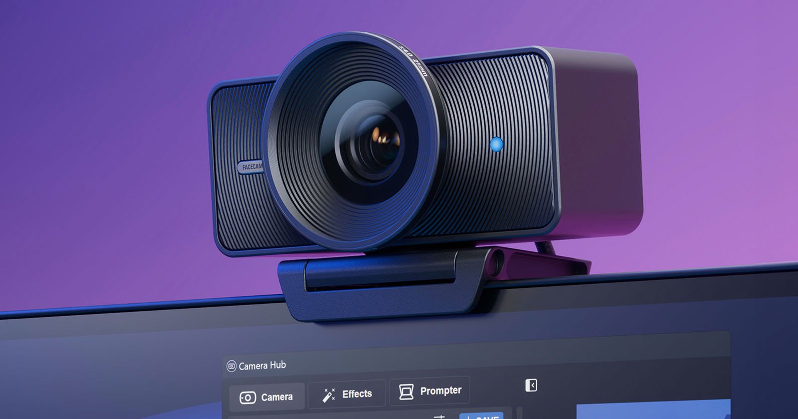 A close-up of a modern webcam with a large lens, mounted on top of a computer monitor. The screen below shows a user interface with camera settings. The background is purple. A close-up of a modern webcam with a large lens, mounted on top of a computer monitor. The screen below shows a user interface with camera settings. The background is purple.