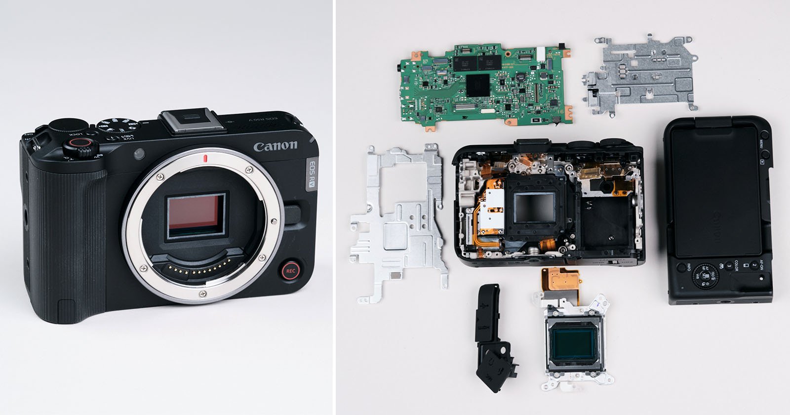 A Canon camera is shown on the left. On the right, the same camera is disassembled, displaying its internal components, circuit boards, and parts laid out neatly on a white surface. A Canon camera is shown on the left. On the right, the same camera is disassembled, displaying its internal components, circuit boards, and parts laid out neatly on a white surface.