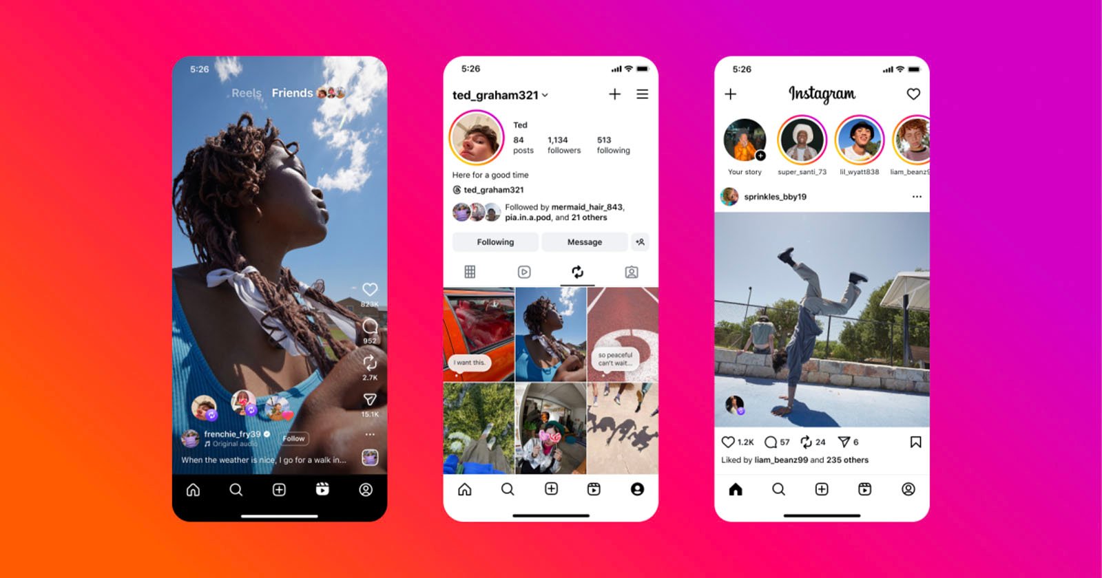 Three smartphone screens display different Instagram app pages: a reel showing a person looking up, a profile page with photos, and a feed with a person doing a handstand, all on a pink-to-orange gradient background. Three smartphone screens display different Instagram app pages: a reel showing a person looking up, a profile page with photos, and a feed with a person doing a handstand, all on a pink-to-orange gradient background.