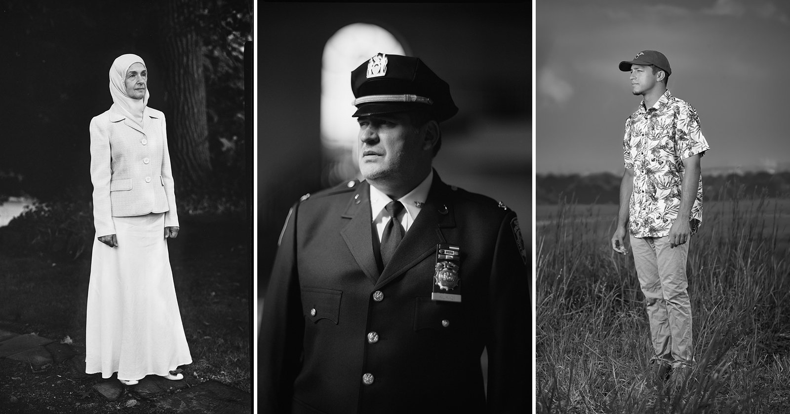 A triptych of black-and-white portraits: a woman in a hijab and suit, a police officer in uniform and hat, and a man in a floral shirt and cap standing in tall grass, each looking thoughtfully into the distance. A triptych of black-and-white portraits: a woman in a hijab and suit, a police officer in uniform and hat, and a man in a floral shirt and cap standing in tall grass, each looking thoughtfully into the distance.