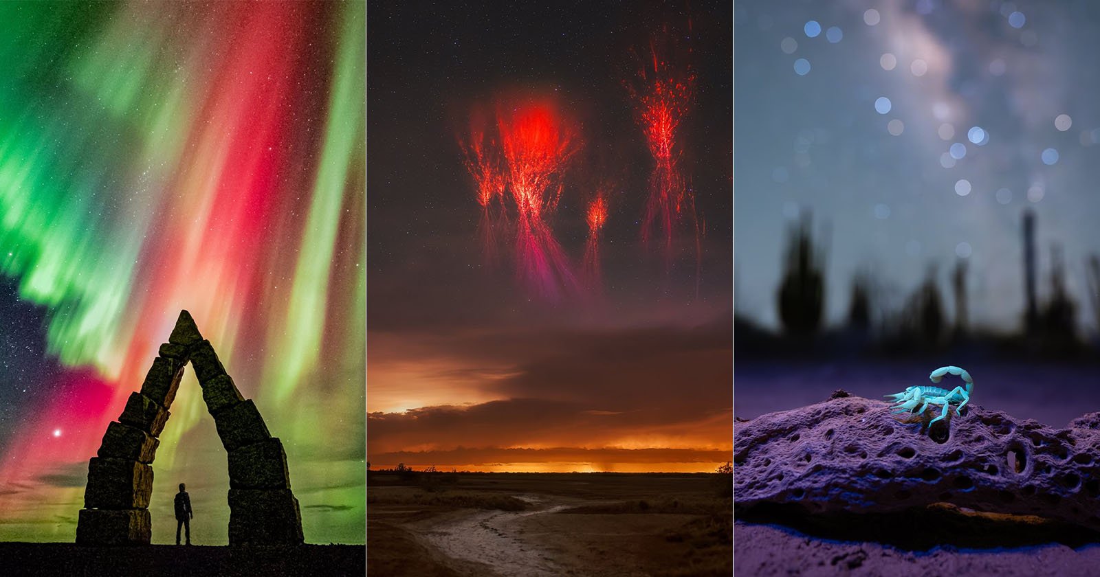 A triptych: Left—person stands under a stone arch with vibrant green and red auroras in the sky. Center—red sprites appear over an orange horizon. Right—small scorpion glows under ultraviolet light on rocky ground with a blurred background. A triptych: Left—person stands under a stone arch with vibrant green and red auroras in the sky. Center—red sprites appear over an orange horizon. Right—small scorpion glows under ultraviolet light on rocky ground with a blurred background.