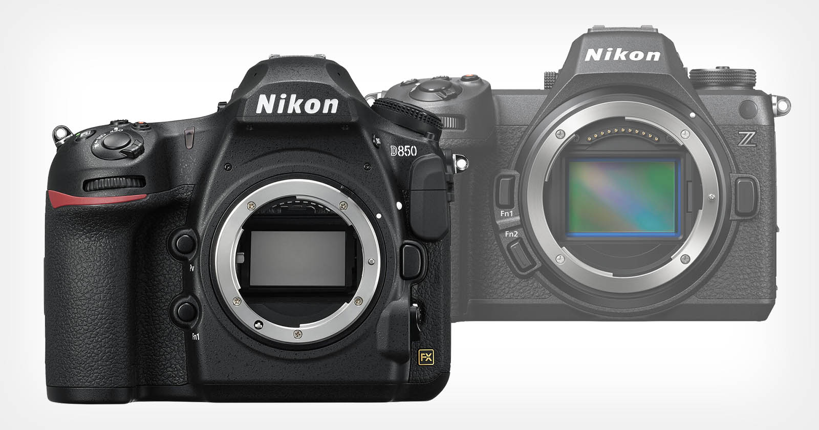 Two Nikon cameras are shown: a Nikon D850 DSLR on the left with its lens removed, revealing the sensor, and a Nikon Z series mirrorless camera on the right, partially faded into the background. Two Nikon cameras are shown: a Nikon D850 DSLR on the left with its lens removed, revealing the sensor, and a Nikon Z series mirrorless camera on the right, partially faded into the background.