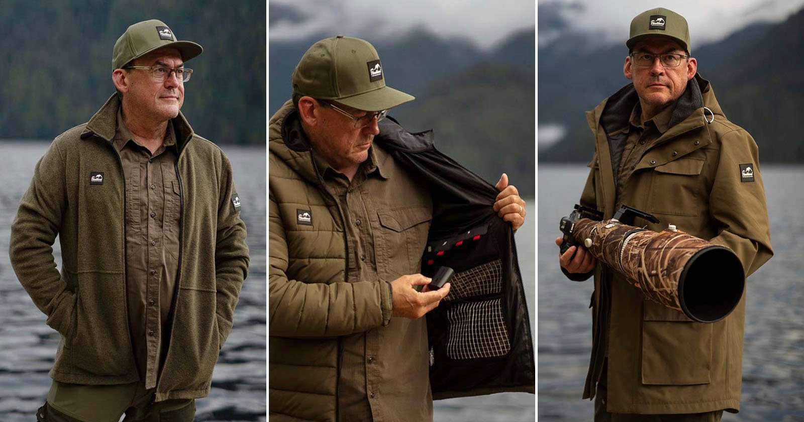 Three images show a man outdoors by a lake, wearing an olive jacket and cap. In the center, he opens his jacket to reveal an electronic panel. On the right, he holds a large camera with a camouflage lens cover. Three images show a man outdoors by a lake, wearing an olive jacket and cap. In the center, he opens his jacket to reveal an electronic panel. On the right, he holds a large camera with a camouflage lens cover.