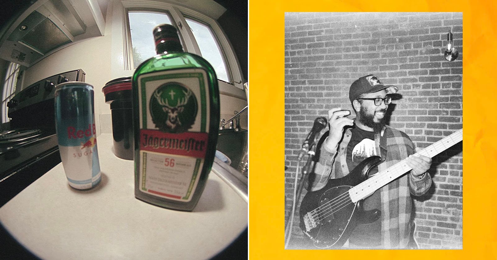 On the left, a fisheye photo shows a can of Red Bull and a bottle of Jägermeister on a kitchen counter. On the right, a black and white photo of a man holding a bass guitar and a microphone, standing in front of a brick wall. On the left, a fisheye photo shows a can of Red Bull and a bottle of Jägermeister on a kitchen counter. On the right, a black and white photo of a man holding a bass guitar and a microphone, standing in front of a brick wall.