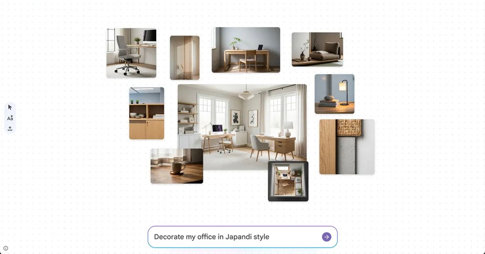A collage of minimalist office interiors and décor in neutral tones, featuring wooden furniture, plants, soft lighting, and natural textures, arranged in a modern Japandi style. The text below reads, Decorate my office in Japandi style. A collage of minimalist office interiors and décor in neutral tones, featuring wooden furniture, plants, soft lighting, and natural textures, arranged in a modern Japandi style. The text below reads, Decorate my office in Japandi style.