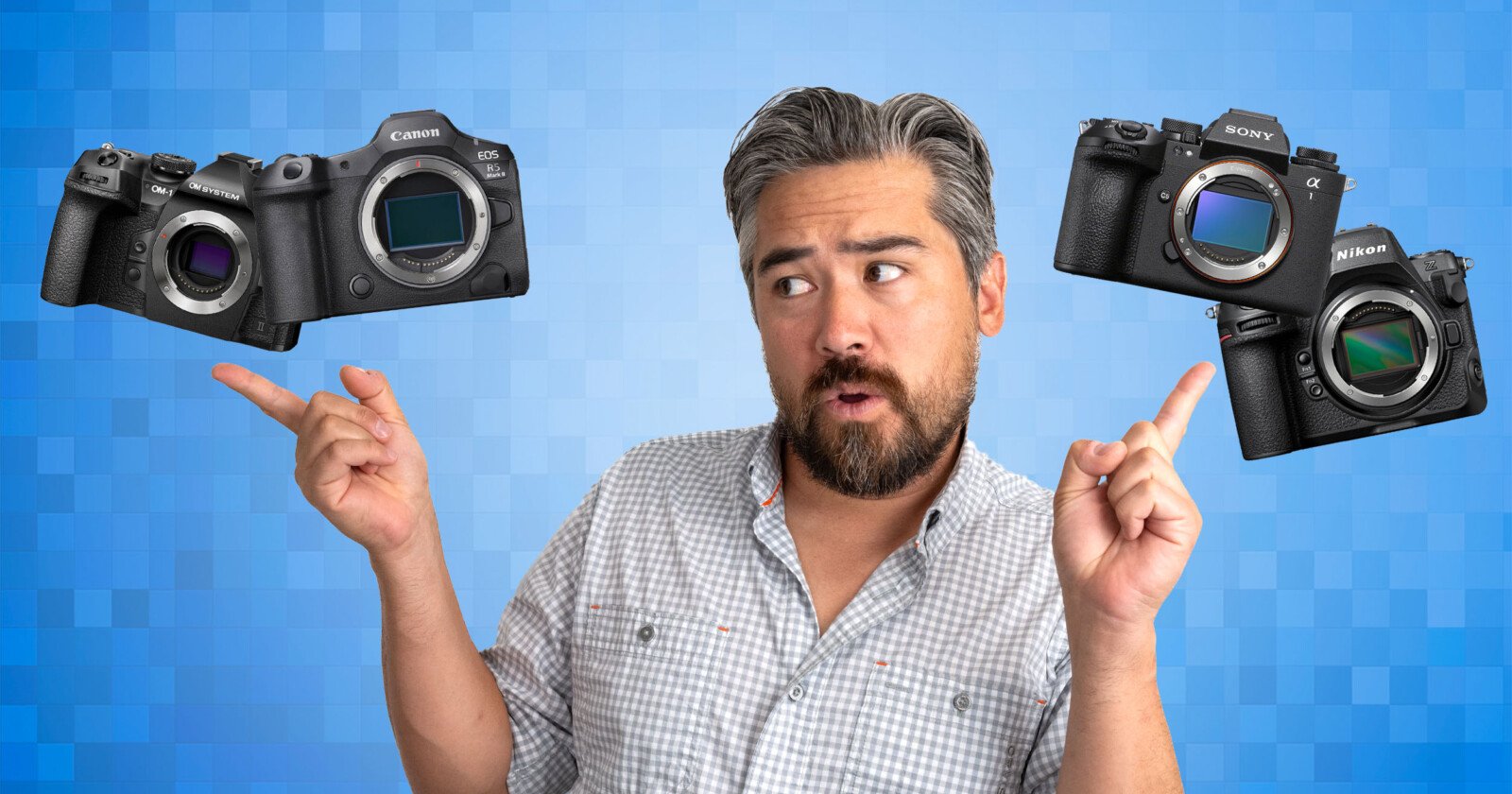 A man with gray hair and a beard stands in front of a blue background, looking thoughtful while pointing at three floating cameras: Canon, Sony, and Nikon. A man with gray hair and a beard stands in front of a blue background, looking thoughtful while pointing at three floating cameras: Canon, Sony, and Nikon.