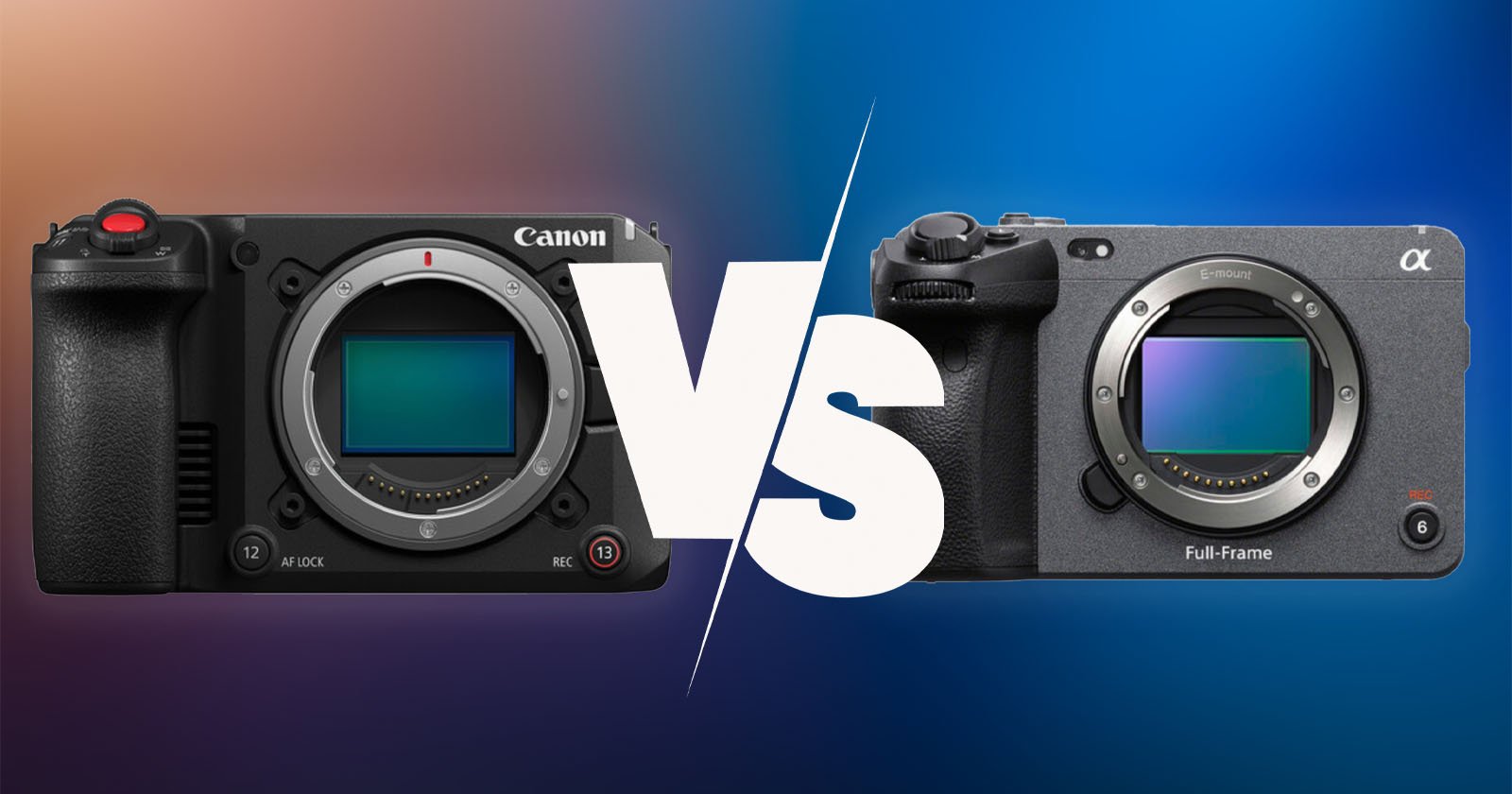 Two mirrorless camera bodies, a Canon on the left and a Sony on the right, face each other with a large “VS” between them, highlighting a comparison against colored backgrounds. Two mirrorless camera bodies, a Canon on the left and a Sony on the right, face each other with a large “VS” between them, highlighting a comparison against colored backgrounds.