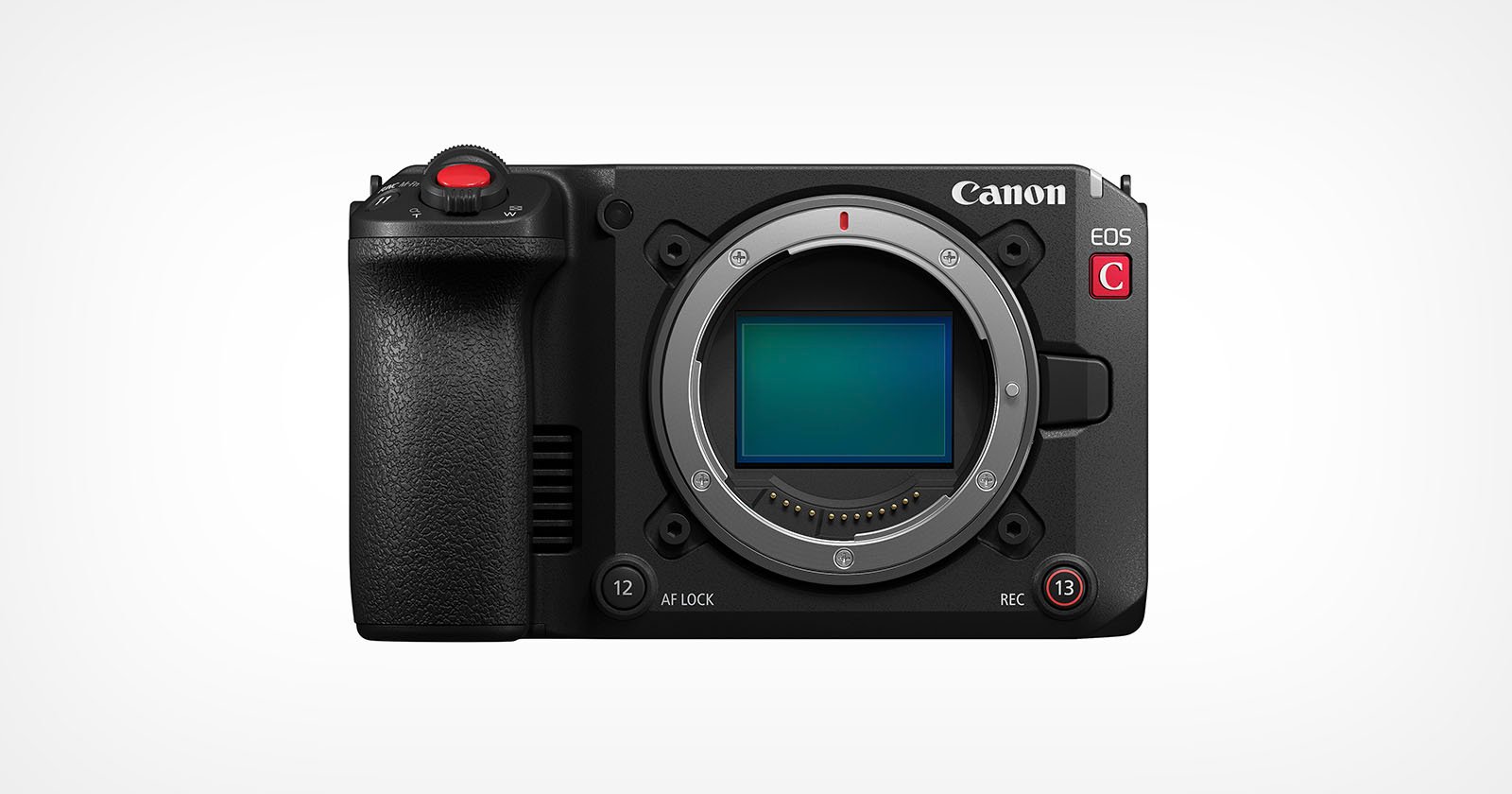 Front view of a Canon EOS C mirrorless digital camera body without a lens, showing the sensor, grip, and various control buttons against a plain white background. Front view of a Canon EOS C mirrorless digital camera body without a lens, showing the sensor, grip, and various control buttons against a plain white background.
