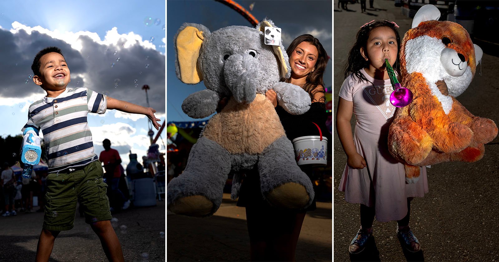 Three photos: A boy plays with bubbles outdoors; a smiling woman holds a giant elephant plush toy at a fair; a girl blows a party horn while holding a large stuffed hamster. Three photos: A boy plays with bubbles outdoors; a smiling woman holds a giant elephant plush toy at a fair; a girl blows a party horn while holding a large stuffed hamster.