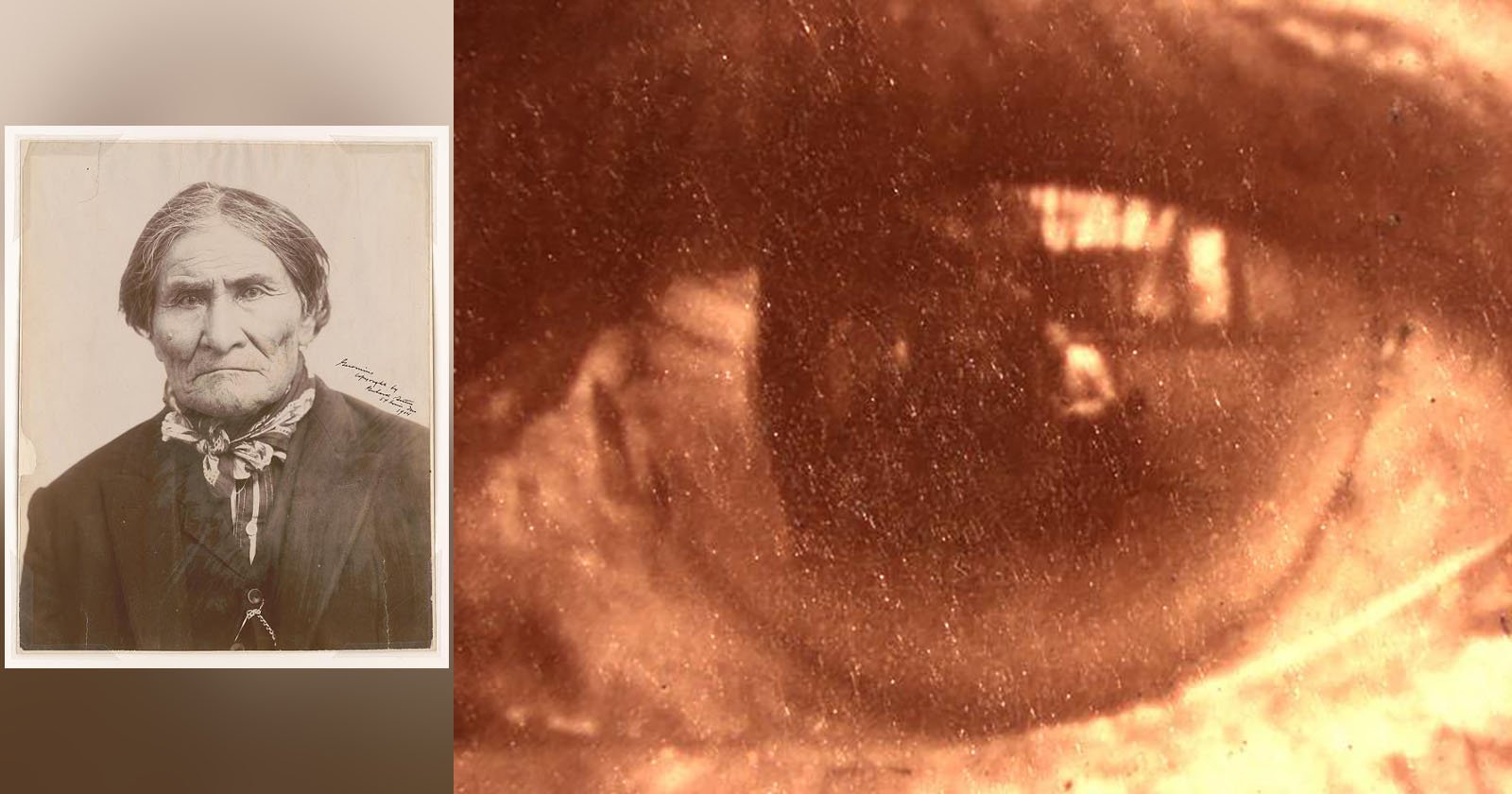 A sepia-toned image showing a close-up of an eye on the right and a black-and-white portrait of an older person with a serious expression and traditional clothing on the left. A sepia-toned image showing a close-up of an eye on the right and a black-and-white portrait of an older person with a serious expression and traditional clothing on the left.