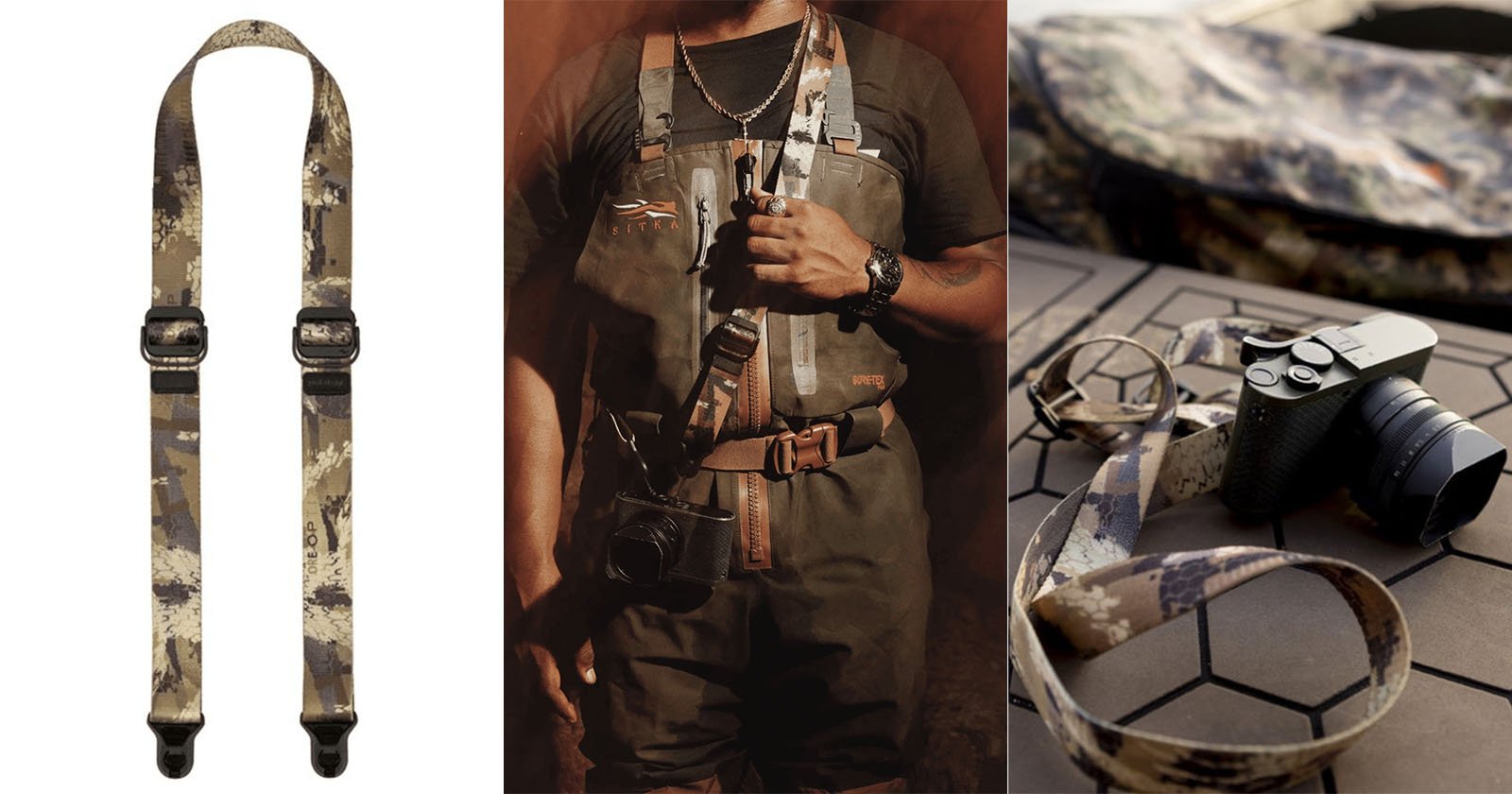 A camouflage-patterned camera strap shown alone, worn across the chest by a person in outdoor gear, and attached to a camera lying on a table next to a matching camouflage bag. A camouflage-patterned camera strap shown alone, worn across the chest by a person in outdoor gear, and attached to a camera lying on a table next to a matching camouflage bag.