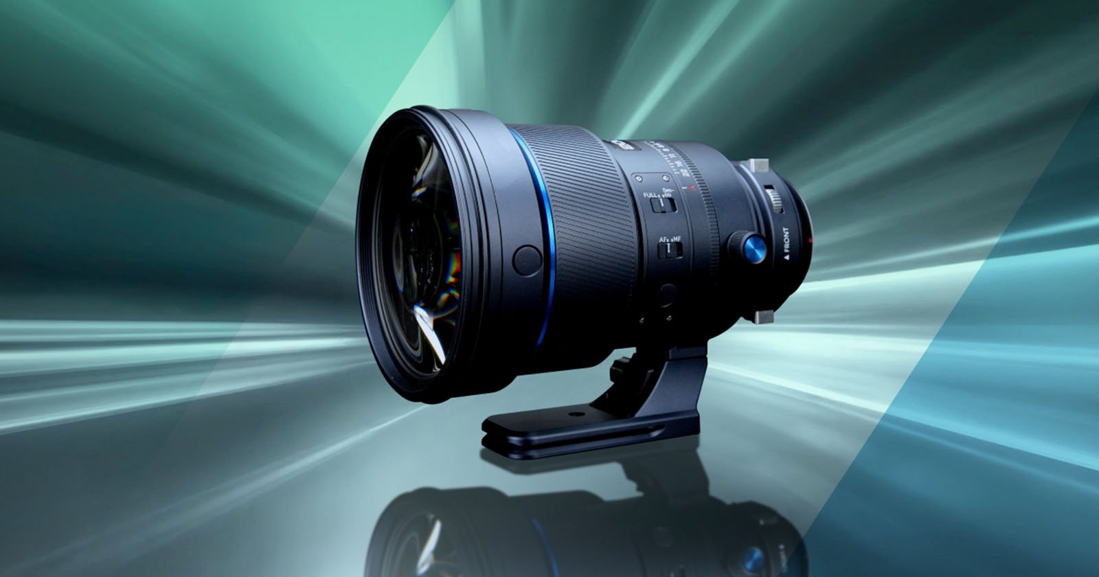A professional camera lens with a tripod mount displayed against a dynamic, abstract background with teal and blue light streaks. A professional camera lens with a tripod mount displayed against a dynamic, abstract background with teal and blue light streaks.