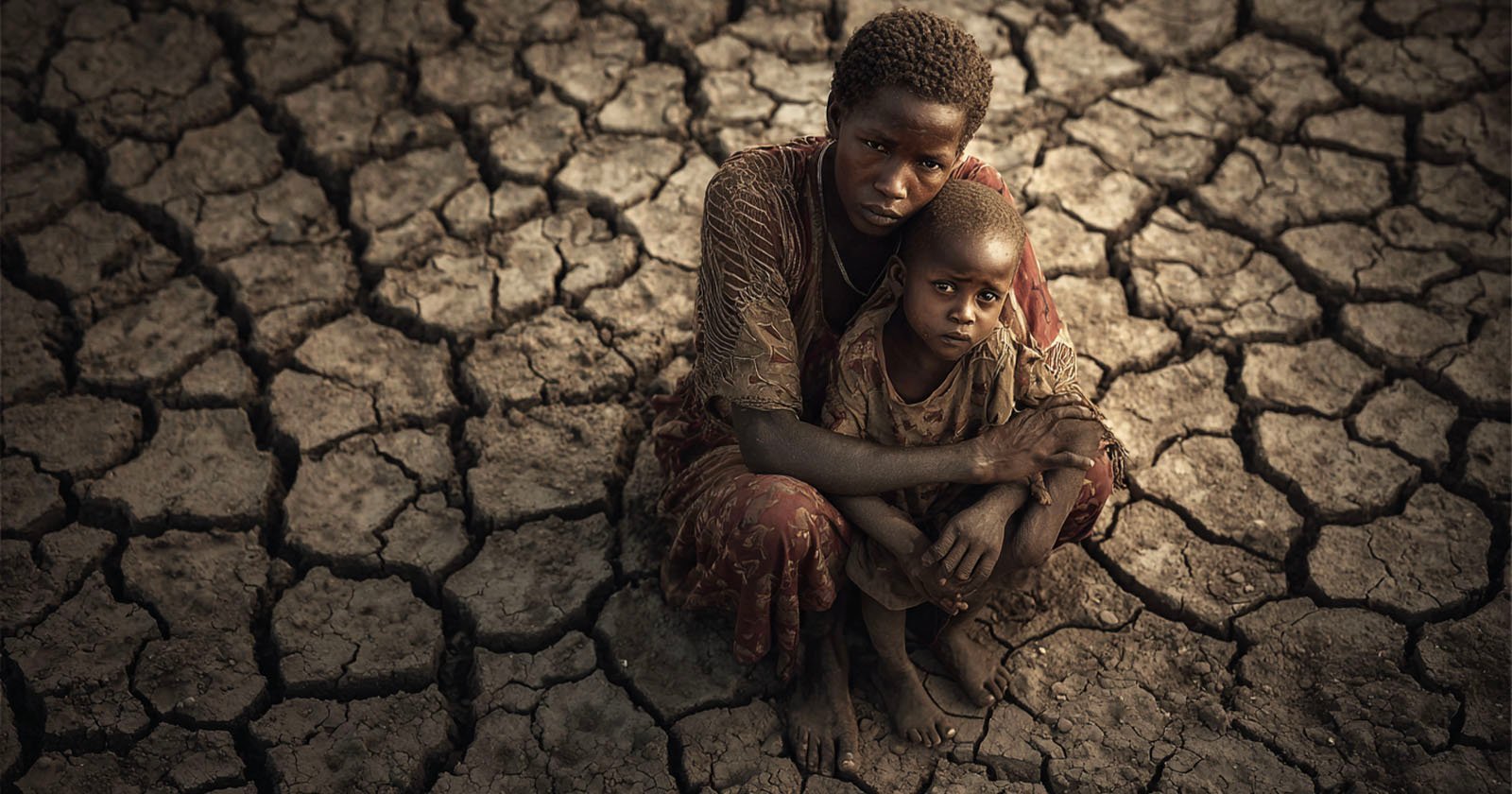 A woman and a young child sit closely together on parched, cracked earth, both looking up with somber expressions. The barren, dry ground emphasizes a sense of hardship and drought. A woman and a young child sit closely together on parched, cracked earth, both looking up with somber expressions. The barren, dry ground emphasizes a sense of hardship and drought.