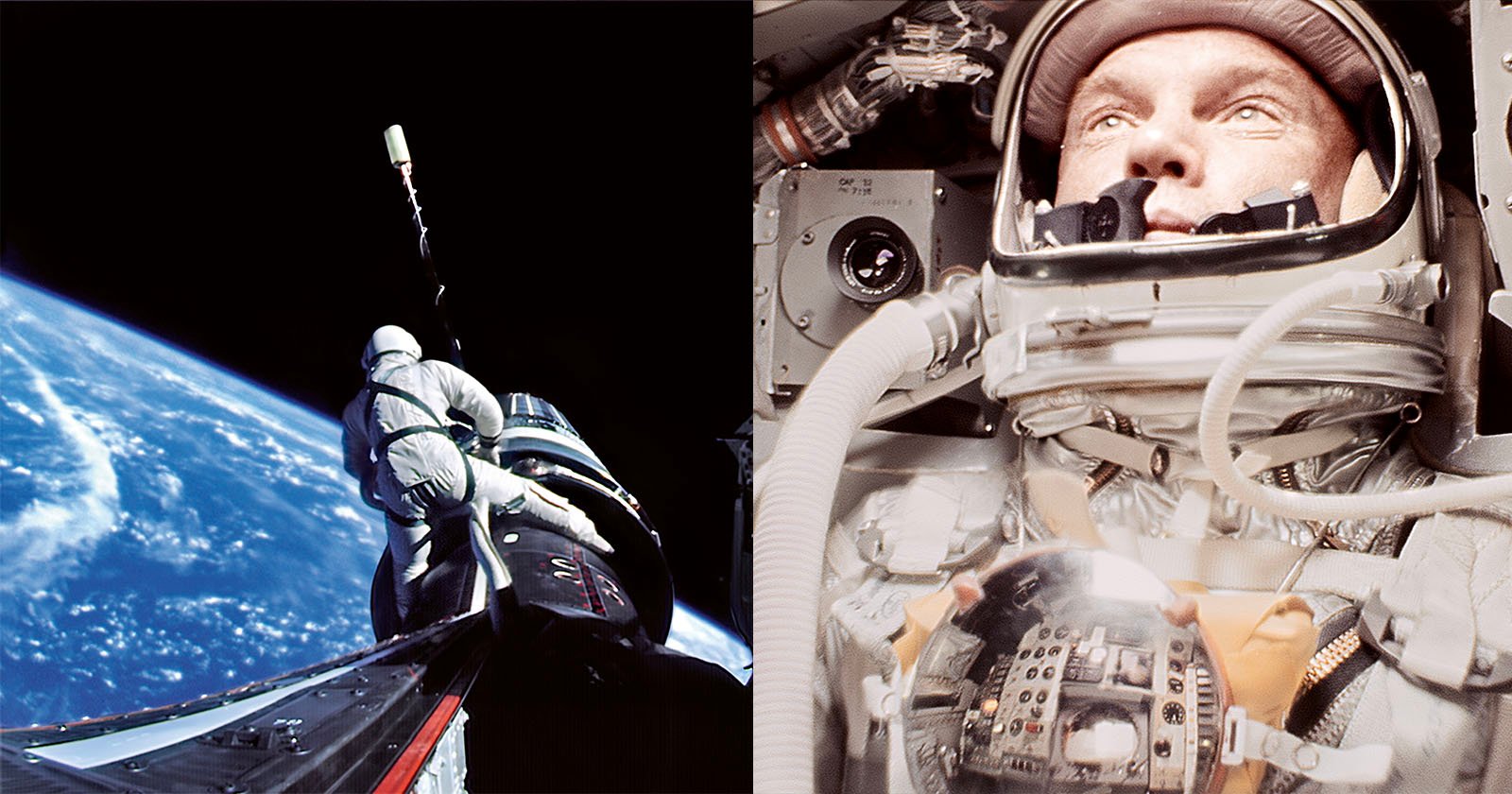 Split image: On the left, two astronauts in space suits perform an EVA tethered outside a spacecraft above Earth. On the right, a close-up of an astronaut inside a helmet with reflections on his visor. Split image: On the left, two astronauts in space suits perform an EVA tethered outside a spacecraft above Earth. On the right, a close-up of an astronaut inside a helmet with reflections on his visor.