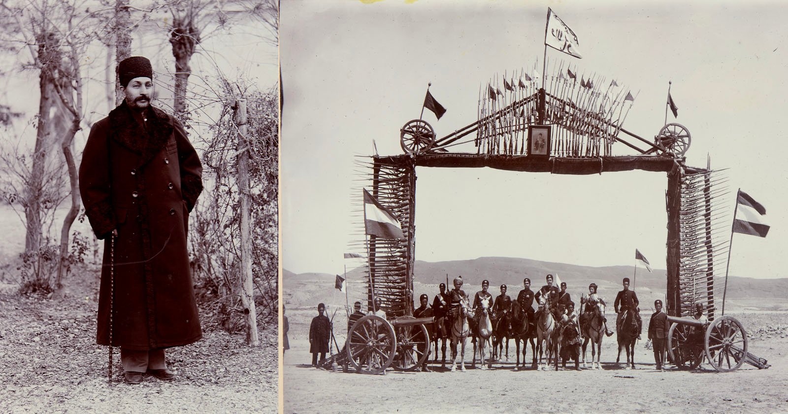A sepia photo split in two: left side shows a man in a long coat and fur hat standing outdoors; right side shows soldiers on horseback under an archway decorated with rifles, flags, and cannons. A sepia photo split in two: left side shows a man in a long coat and fur hat standing outdoors; right side shows soldiers on horseback under an archway decorated with rifles, flags, and cannons.