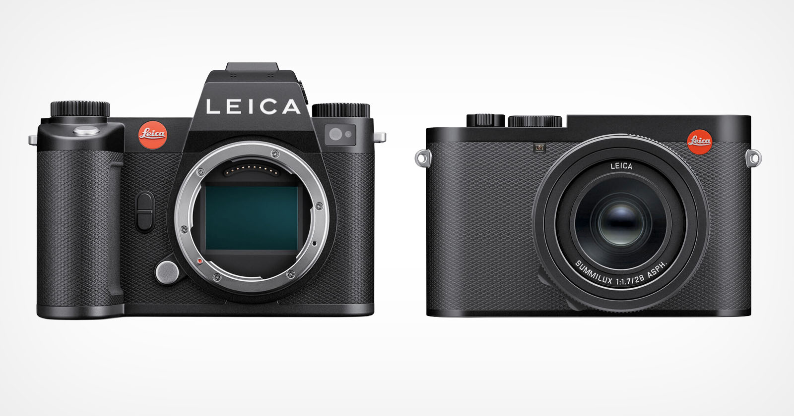 Two Leica digital cameras side by side on a white background: one with a visible sensor and no lens attached, and the other with a fixed lens, both featuring the red Leica logo. Two Leica digital cameras side by side on a white background: one with a visible sensor and no lens attached, and the other with a fixed lens, both featuring the red Leica logo.
