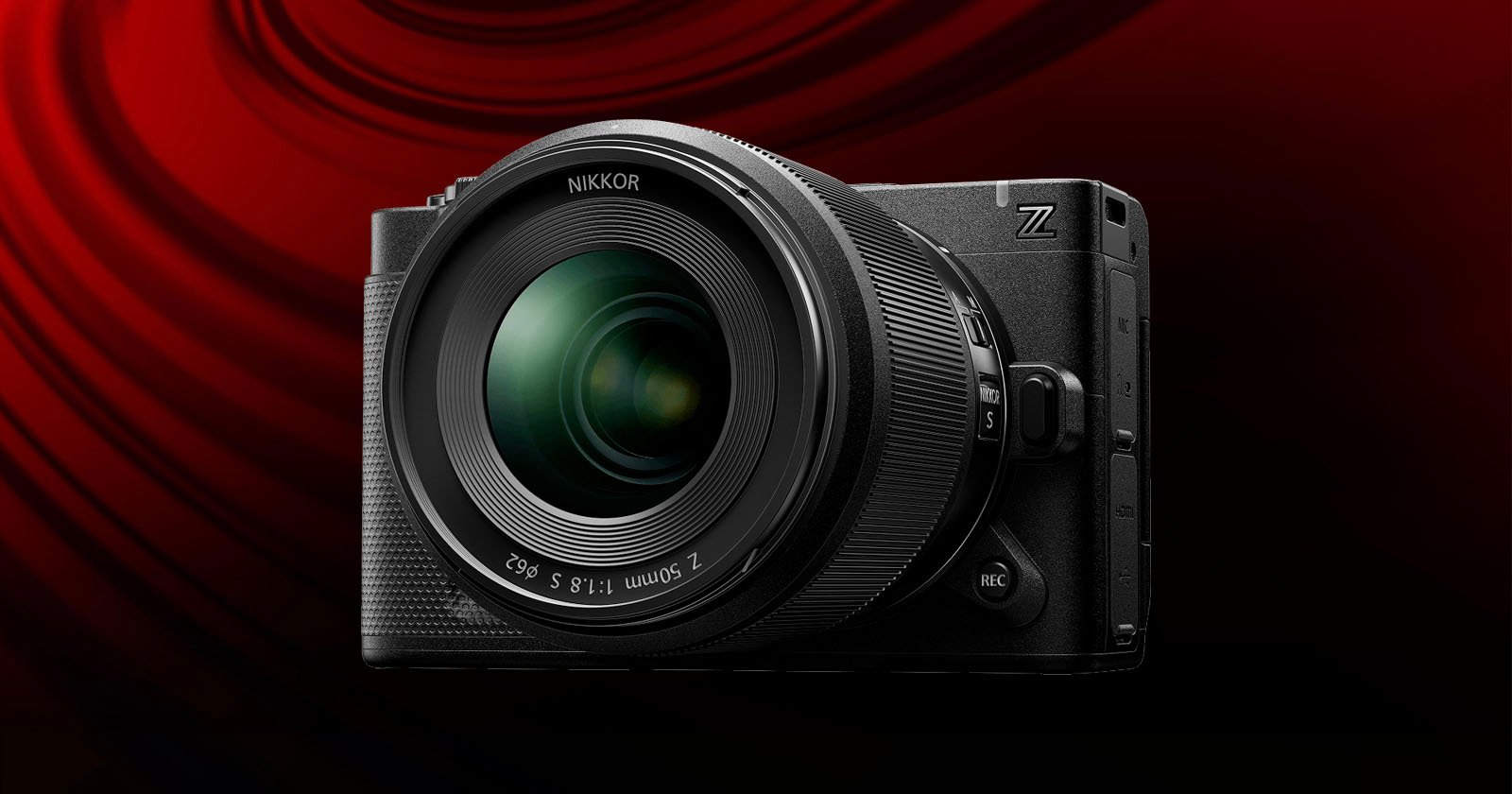 A black Nikon Z series digital camera with a large NIKKOR lens is displayed against a dark red, swirling background. A black Nikon Z series digital camera with a large NIKKOR lens is displayed against a dark red, swirling background.