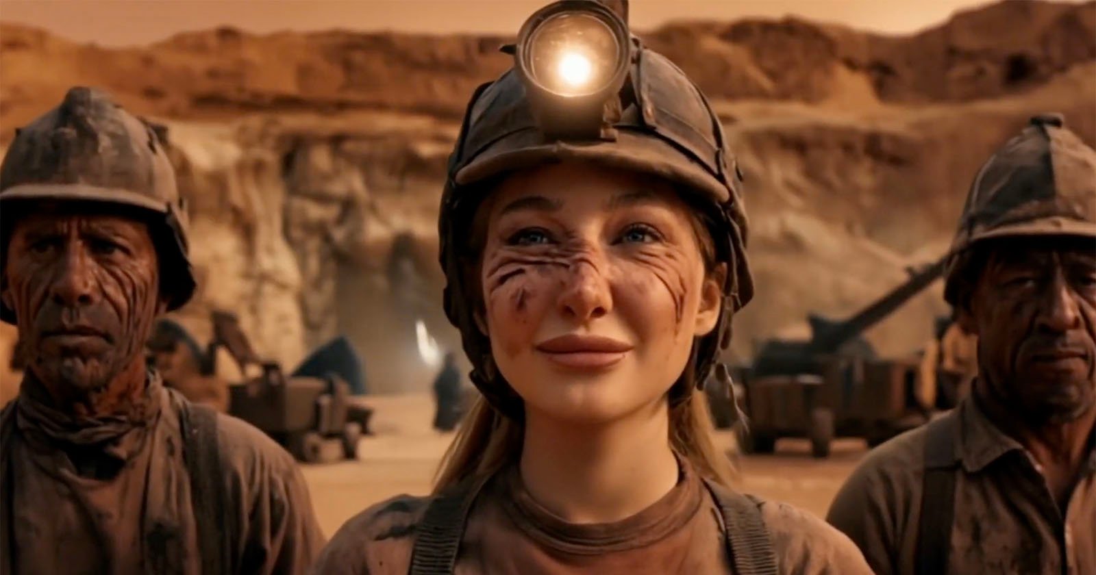 A group of miners in dusty helmets and dirty faces stand in front of a rocky, desert-like landscape; a smiling woman with a headlamp is in the center, flanked by two serious-looking men. A group of miners in dusty helmets and dirty faces stand in front of a rocky, desert-like landscape; a smiling woman with a headlamp is in the center, flanked by two serious-looking men.