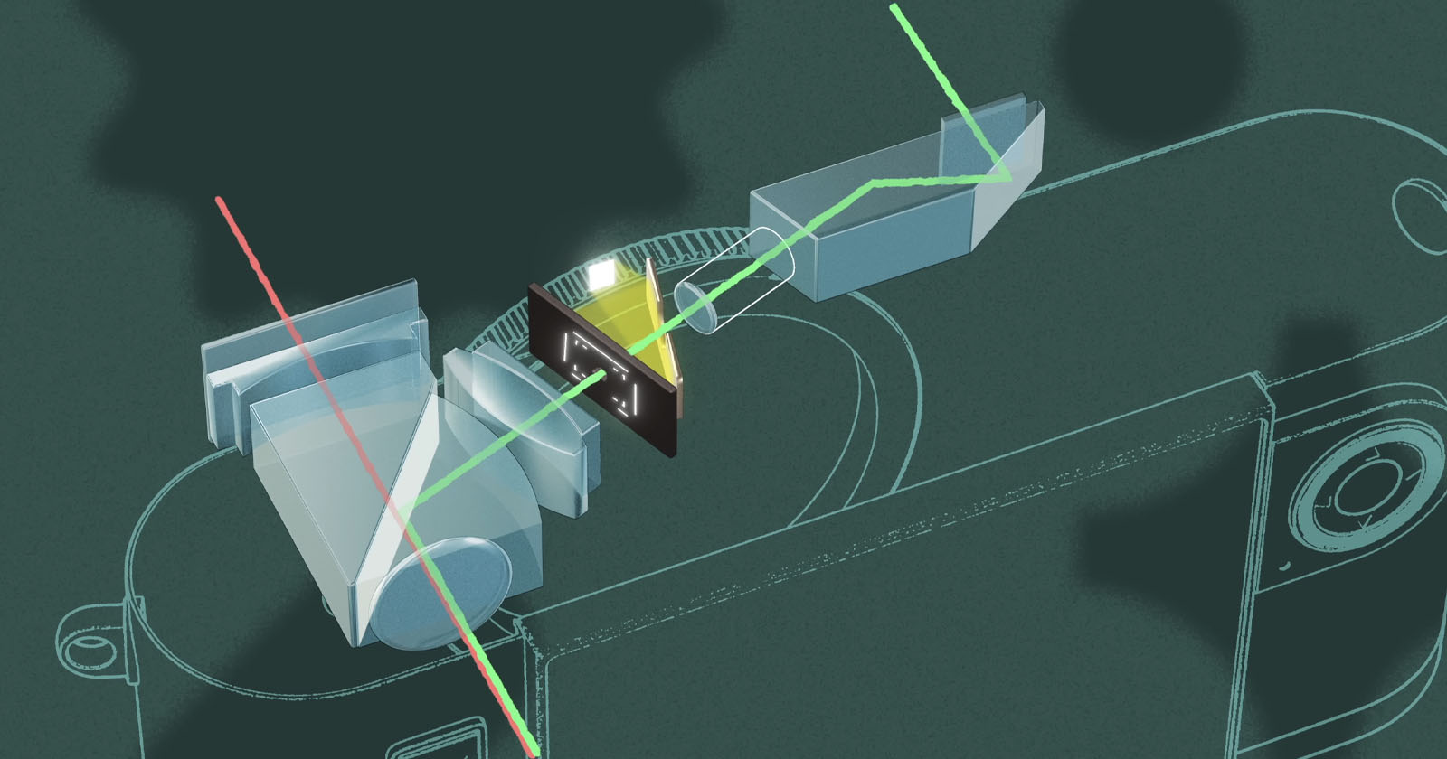 A diagram shows the internal optical path of a camera’s viewfinder system, with colored lines illustrating light passing through various lenses, prisms, and mirrors inside the camera body. A diagram shows the internal optical path of a camera’s viewfinder system, with colored lines illustrating light passing through various lenses, prisms, and mirrors inside the camera body.