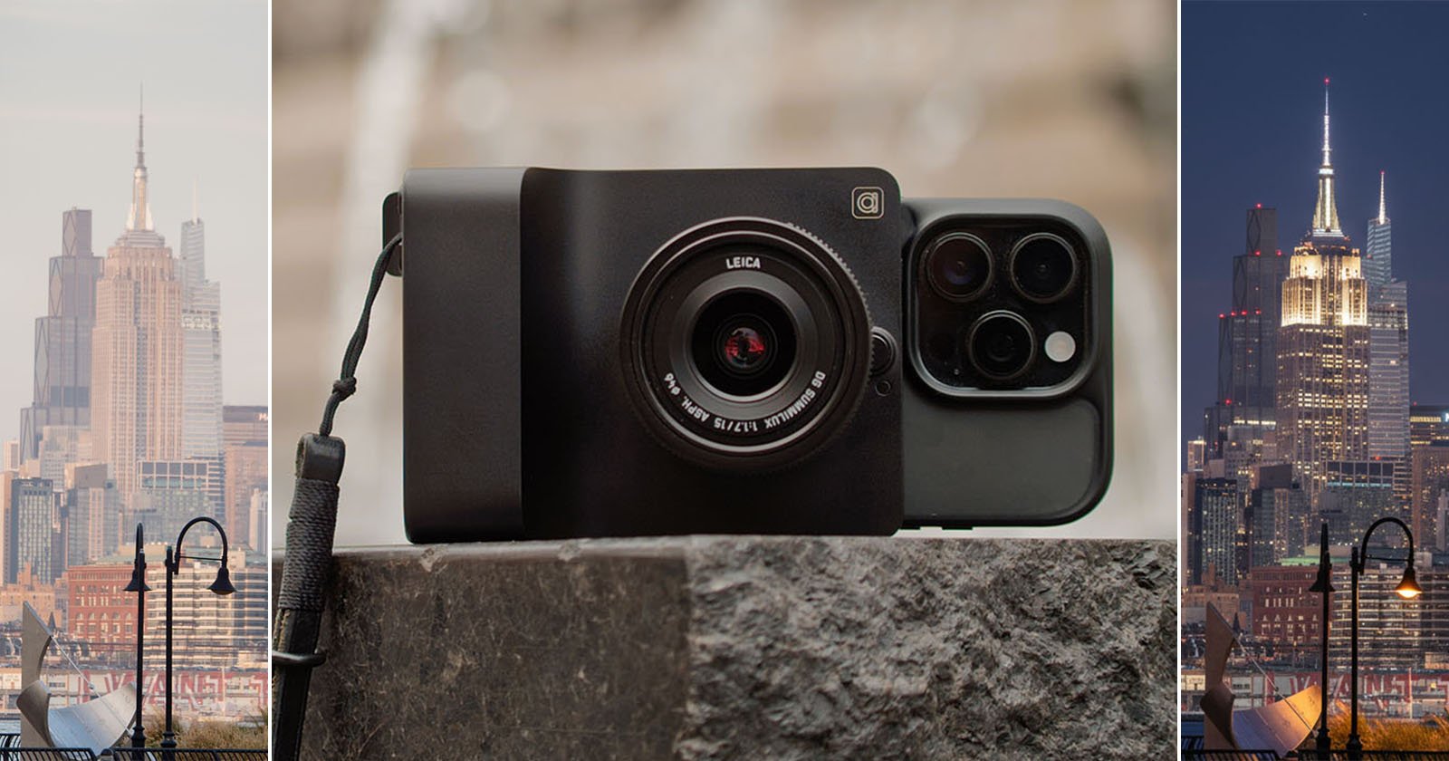 A Leica camera with a lens attachment is mounted on a smartphone, placed on a stone surface. On either side are photos of the Empire State Building taken at different times of day. A Leica camera with a lens attachment is mounted on a smartphone, placed on a stone surface. On either side are photos of the Empire State Building taken at different times of day.