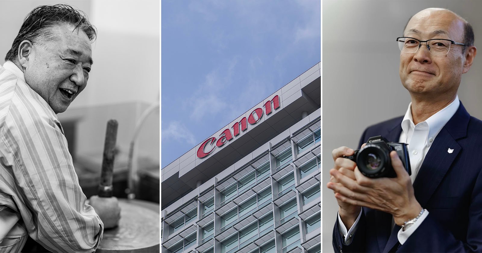 A triptych showing: a smiling man working with tools, the Canon logo on a tall building, and a man in a suit holding a camera and smiling. A triptych showing: a smiling man working with tools, the Canon logo on a tall building, and a man in a suit holding a camera and smiling.