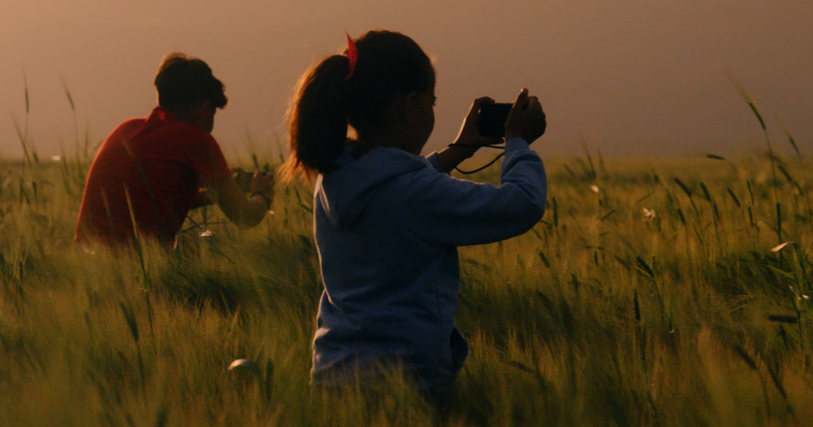 Two people sit in a field of tall grass at sunset; the person in the foreground wears a blue jacket and takes a photo, while the person in the background, in red, looks down at something in their hands. Two people sit in a field of tall grass at sunset; the person in the foreground wears a blue jacket and takes a photo, while the person in the background, in red, looks down at something in their hands.
