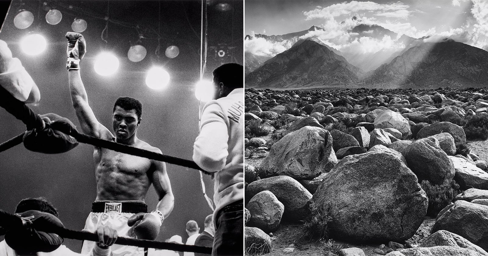 A black-and-white split image: on the left, a triumphant boxer raises his fist in a ring under bright lights; on the right, large boulders scatter across a rocky landscape with mountains and dramatic clouds in the background. A black-and-white split image: on the left, a triumphant boxer raises his fist in a ring under bright lights; on the right, large boulders scatter across a rocky landscape with mountains and dramatic clouds in the background.