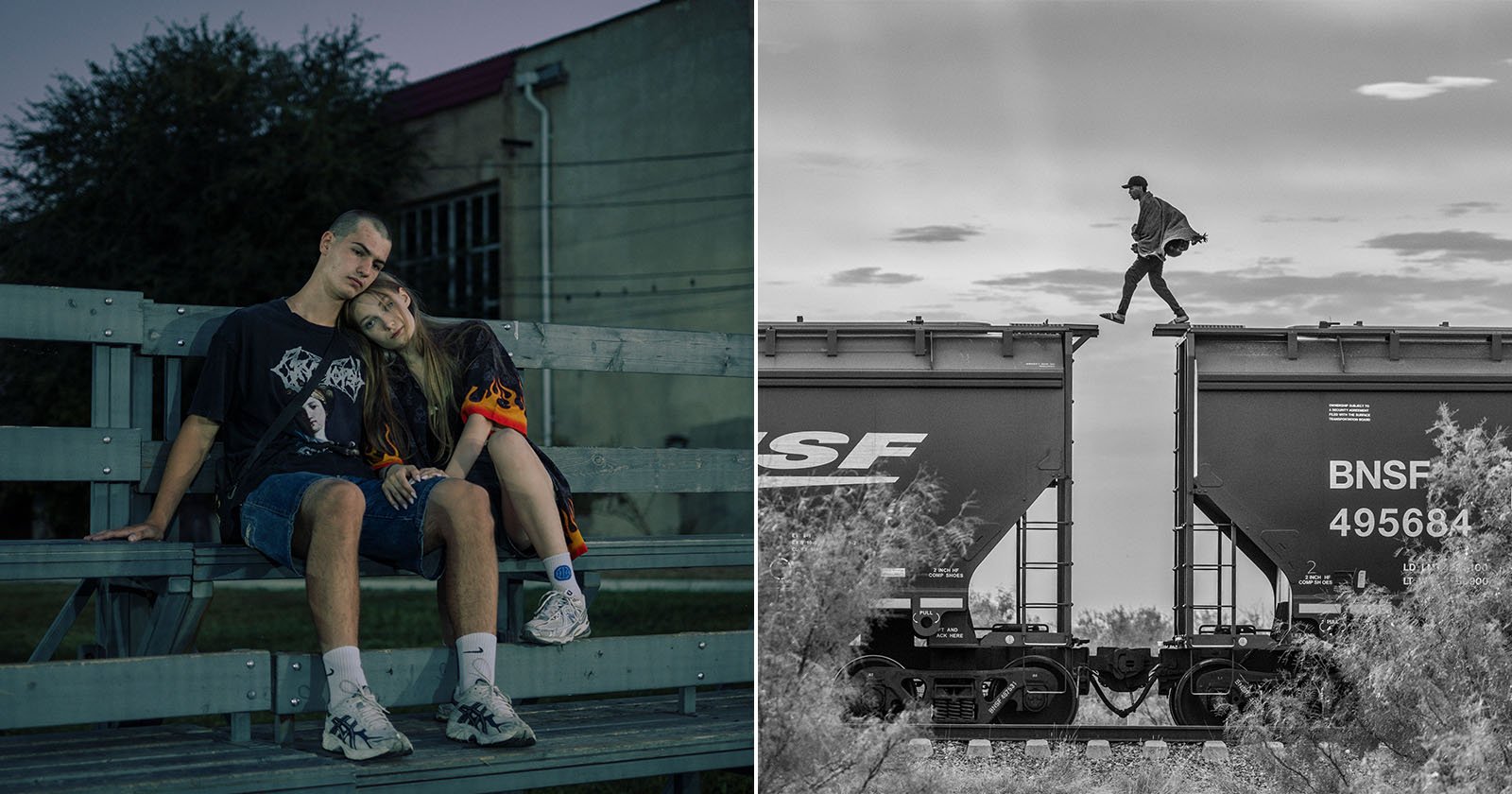 The image is split in two: on the left, a young couple sits on bleachers, the girl resting on the boy’s shoulder; on the right, a person walks on top of a moving train car in black and white. The image is split in two: on the left, a young couple sits on bleachers, the girl resting on the boy’s shoulder; on the right, a person walks on top of a moving train car in black and white.