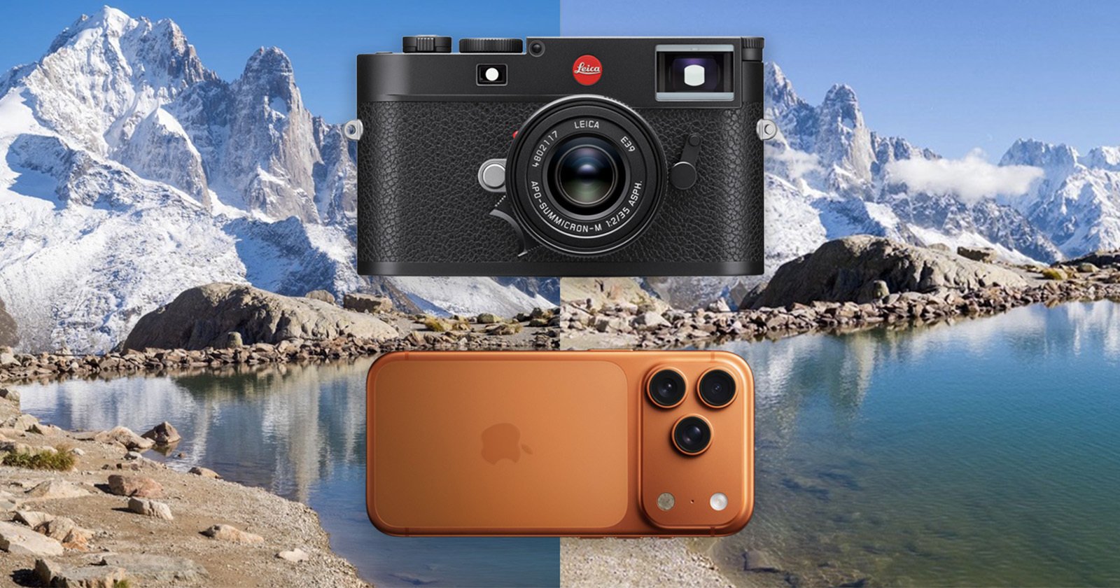 A Leica camera and an orange smartphone are positioned over a split landscape of snowy mountains and a lake, highlighting a comparison between traditional and modern photography tools. A Leica camera and an orange smartphone are positioned over a split landscape of snowy mountains and a lake, highlighting a comparison between traditional and modern photography tools.