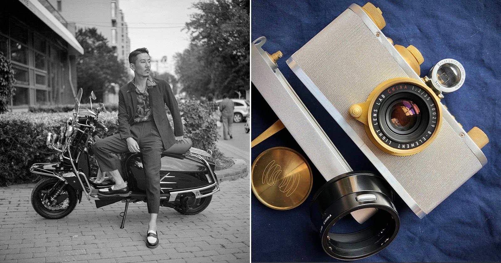 A black-and-white photo of a stylish man sitting on a parked scooter is on the left; on the right, a close-up color photo shows a vintage-style camera with gold and beige accents. A black-and-white photo of a stylish man sitting on a parked scooter is on the left; on the right, a close-up color photo shows a vintage-style camera with gold and beige accents.