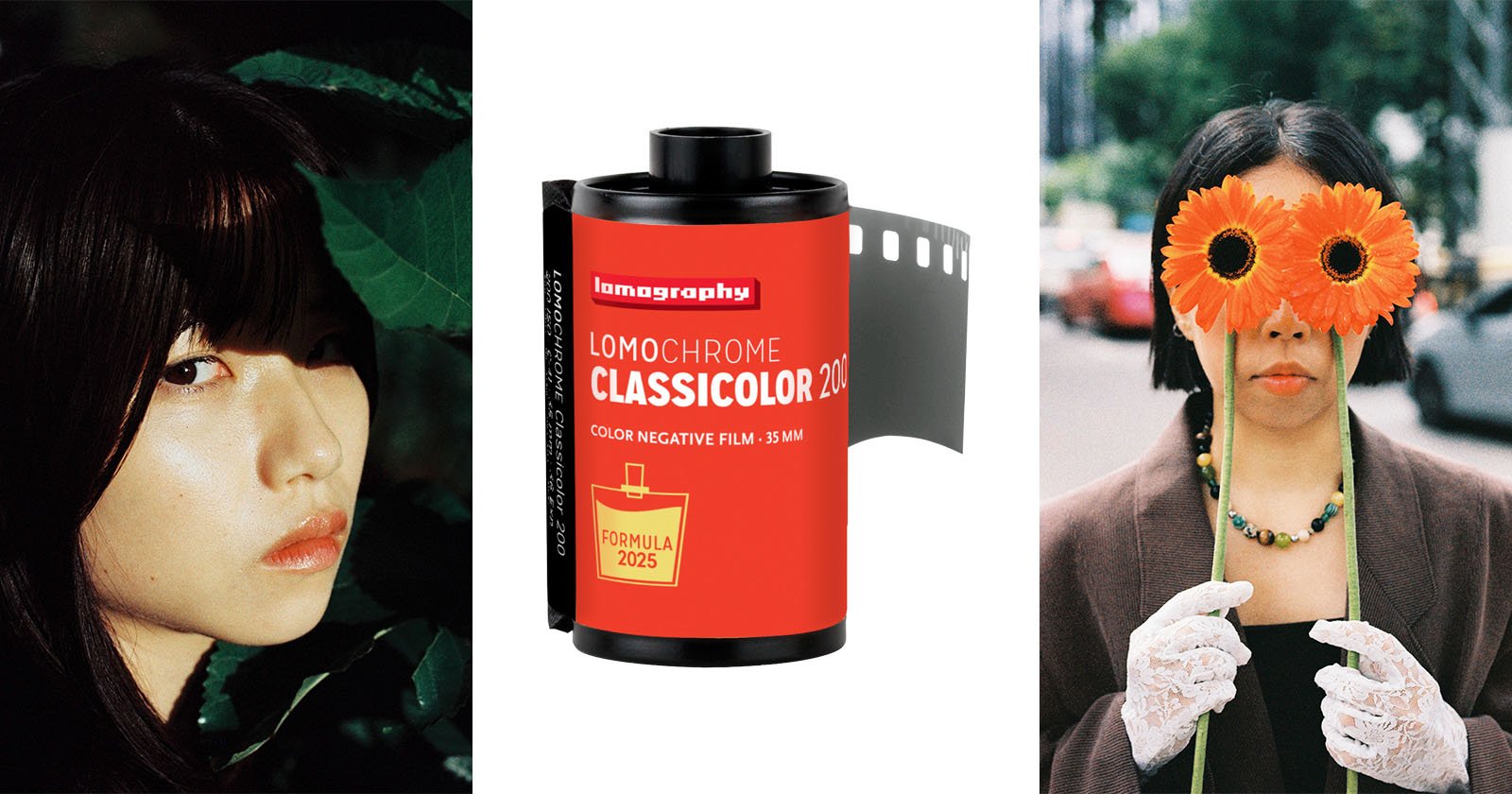 A collage with three panels: a woman’s face next to green leaves, a roll of Lomography Lomochrome film in the center, and a woman wearing white gloves holding orange flowers over her eyes. A collage with three panels: a woman’s face next to green leaves, a roll of Lomography Lomochrome film in the center, and a woman wearing white gloves holding orange flowers over her eyes.