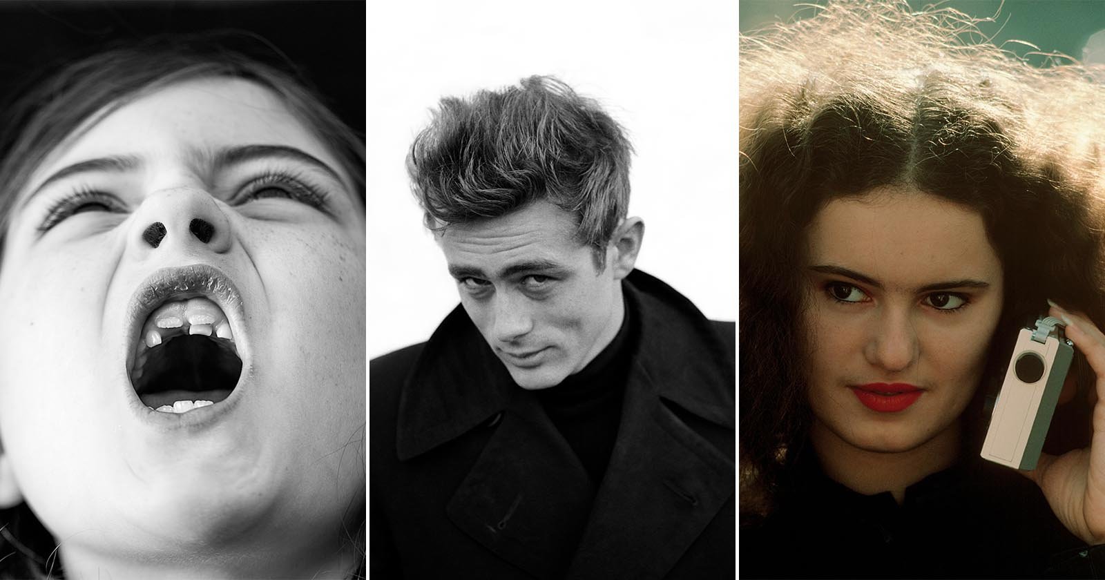 A collage of three portraits: a child yelling with mouth open, a man with slicked-back hair and serious expression in black and white, and a woman with curly hair holding a small camera, looking to the side. A collage of three portraits: a child yelling with mouth open, a man with slicked-back hair and serious expression in black and white, and a woman with curly hair holding a small camera, looking to the side.