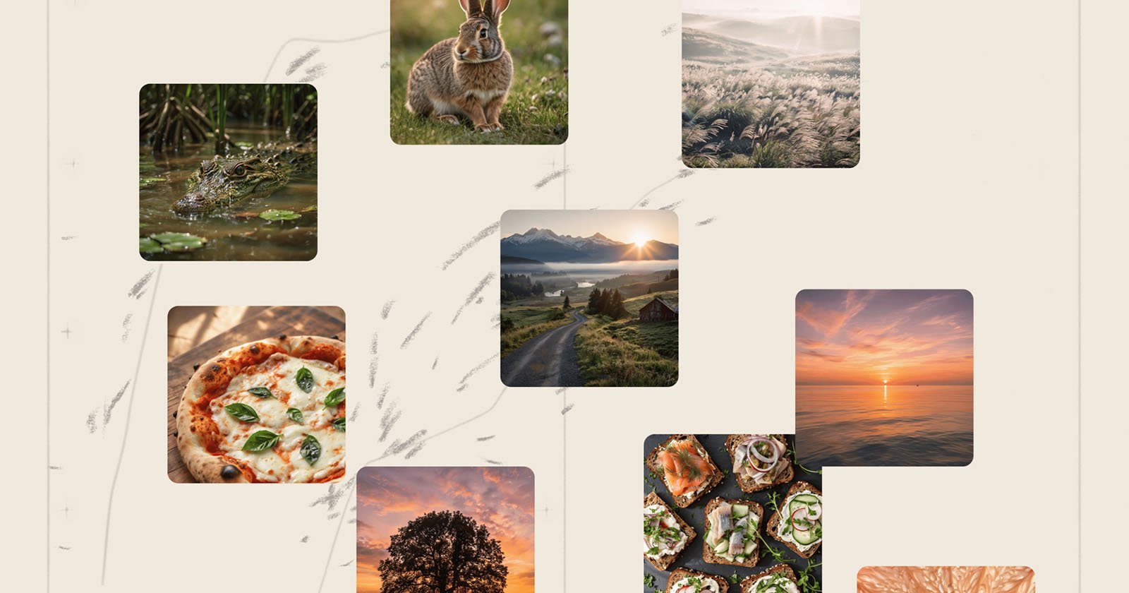 A collage of square photos: a rabbit in grass, misty field, crocodile in water, mountain landscape, pizza, sunset over ocean, tree at sunset, gourmet appetizers, and close-up of citrus fruit slices. A collage of square photos: a rabbit in grass, misty field, crocodile in water, mountain landscape, pizza, sunset over ocean, tree at sunset, gourmet appetizers, and close-up of citrus fruit slices.