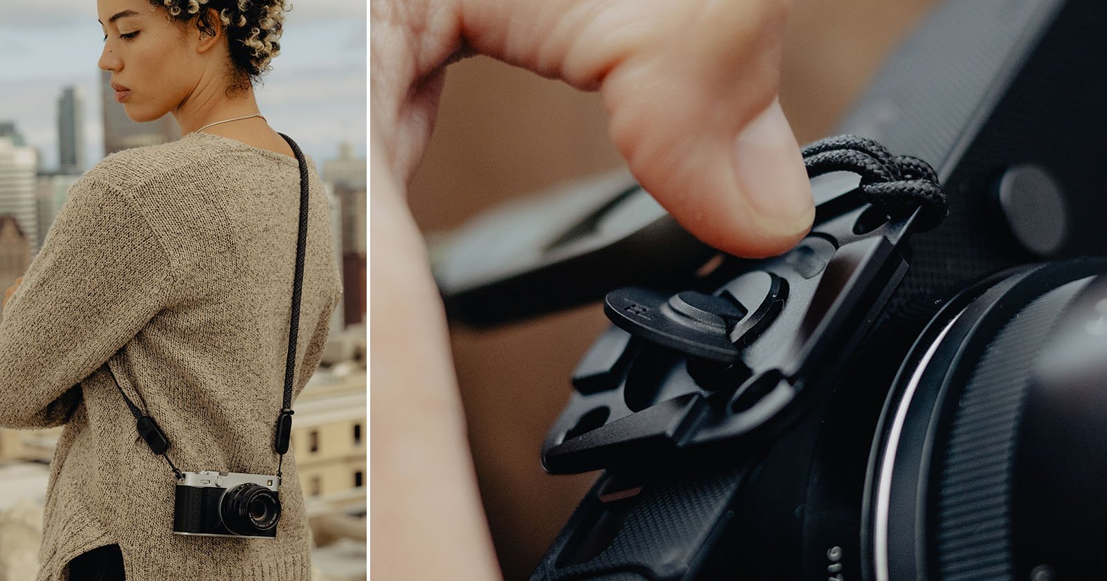 A person with curly hair stands outdoors wearing a tan sweater with a camera hanging on a strap behind their back; next to a close-up of a hand adjusting a black camera strap clip attached to a camera. A person with curly hair stands outdoors wearing a tan sweater with a camera hanging on a strap behind their back; next to a close-up of a hand adjusting a black camera strap clip attached to a camera.