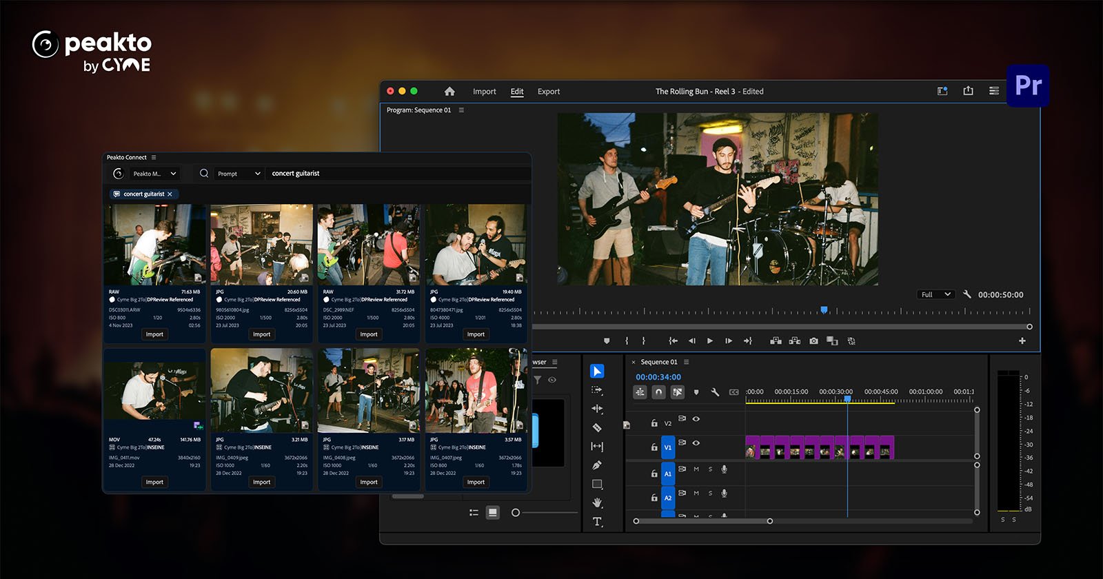 A screenshot shows Peakto software displaying concert photos and Adobe Premiere Pro with a video editing timeline featuring a band performing live on stage. A screenshot shows Peakto software displaying concert photos and Adobe Premiere Pro with a video editing timeline featuring a band performing live on stage.